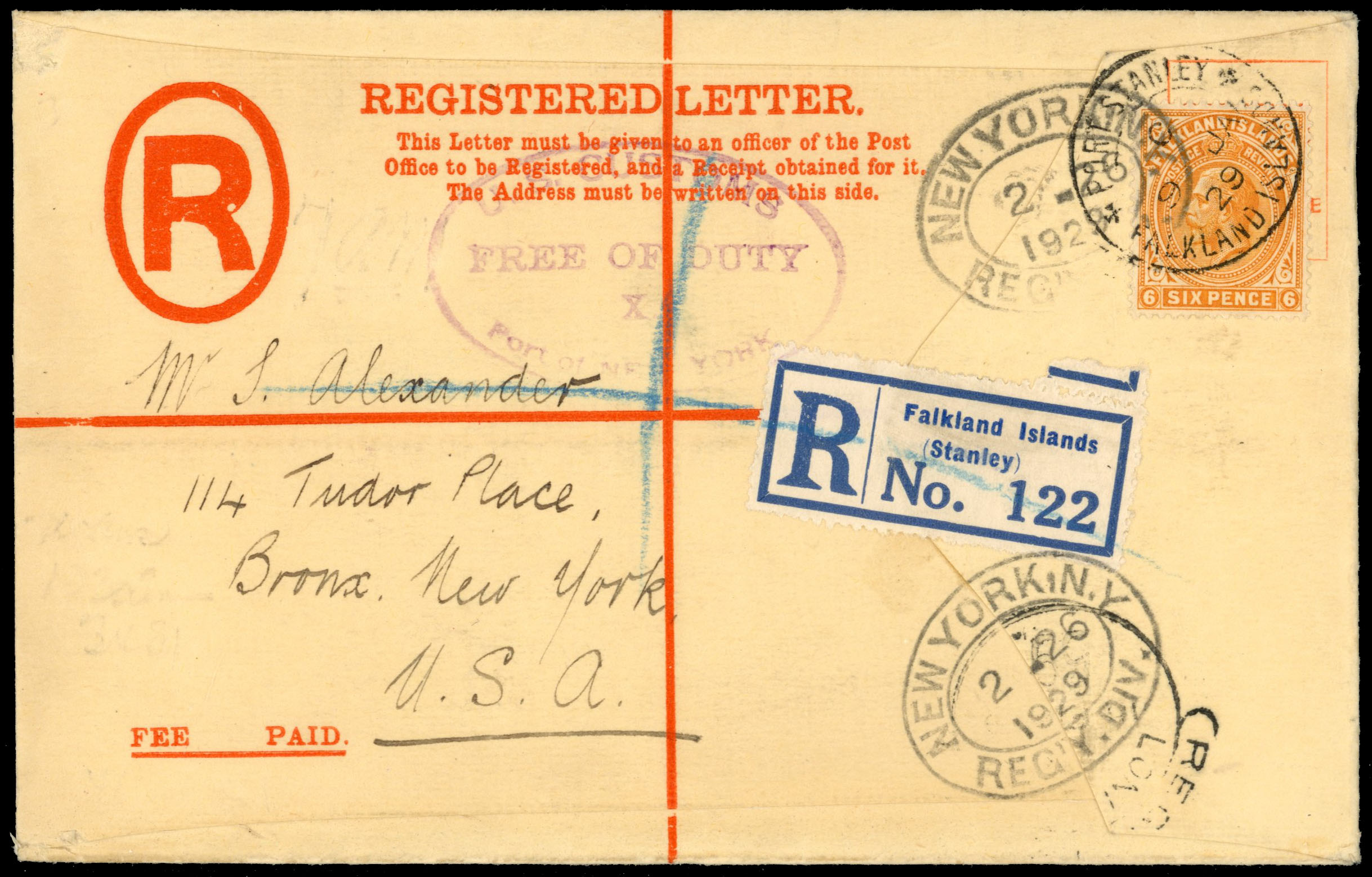 † Falkland Islands 1929 formula registered envelope to New York