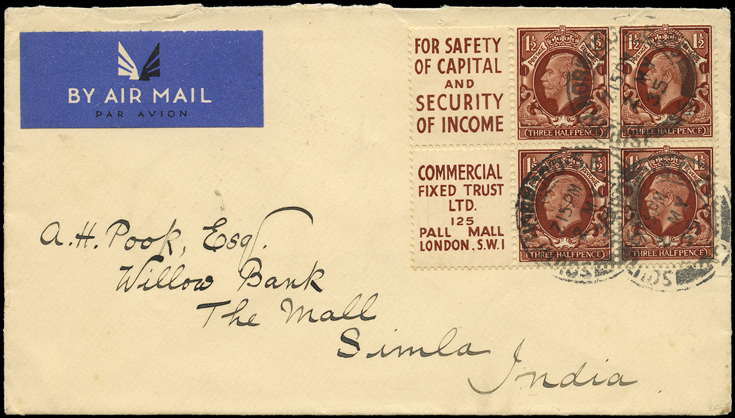 GB 1935  SG441e var Booklet pane Intermediate format pane on cover to Simla