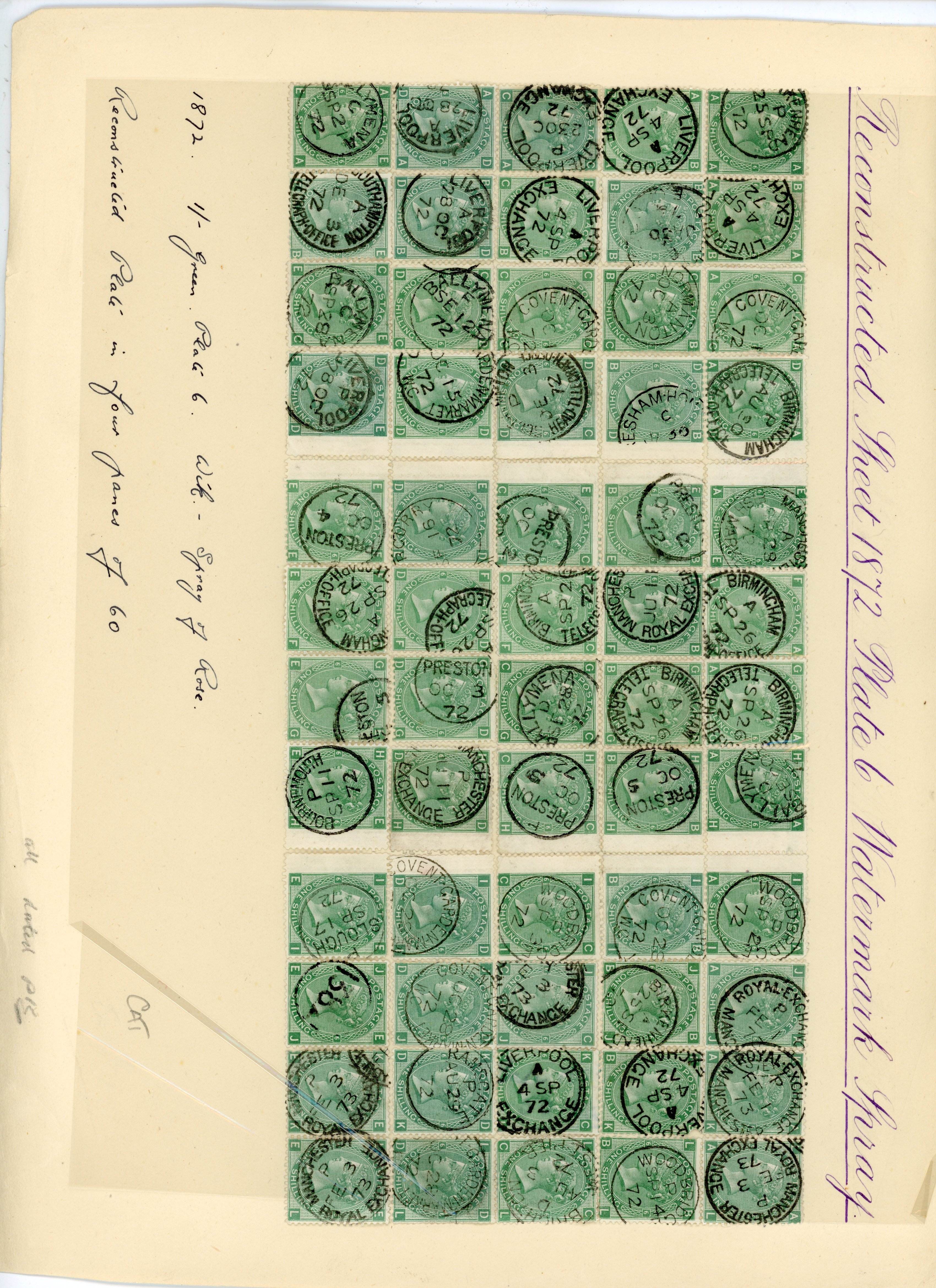GB 1867-80 1s green, Pl. 6 (AA-OL), complete sheet reconstruction of 240, SG 117