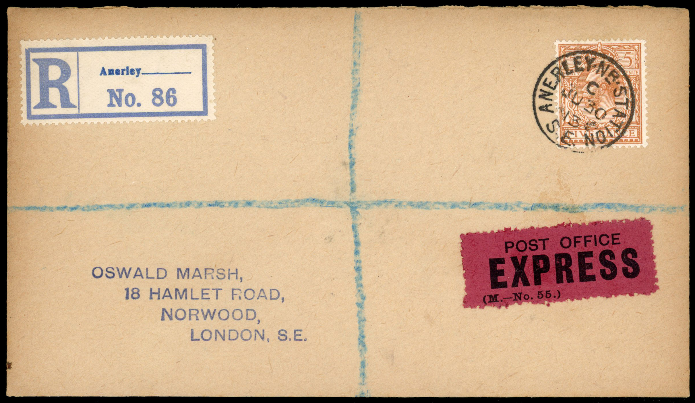 1913 5d Brown. Very fine used example tied to a plain 'Marsh' registered envelope first day