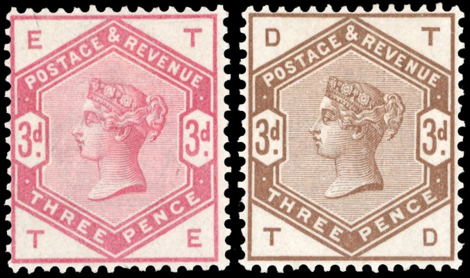 GB 1884 3d colour trials pair on gummed, white, watermarked Crown paper, SG 191var