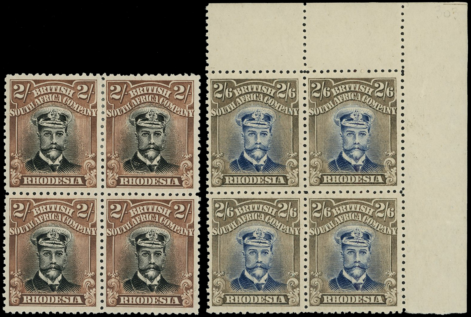 1913-19 ‘Admiral’, Head Die IIIB, 2s black and brown, block of four (lower stamps unmounted) and 2s6d 