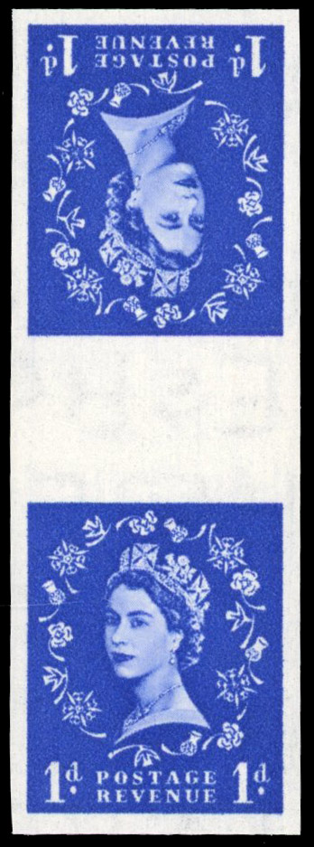 Great Britain 1953 1d Ultramarine, Vertical Tête-bêche Gutter Pair, BPMA Imprimatur, SG 516