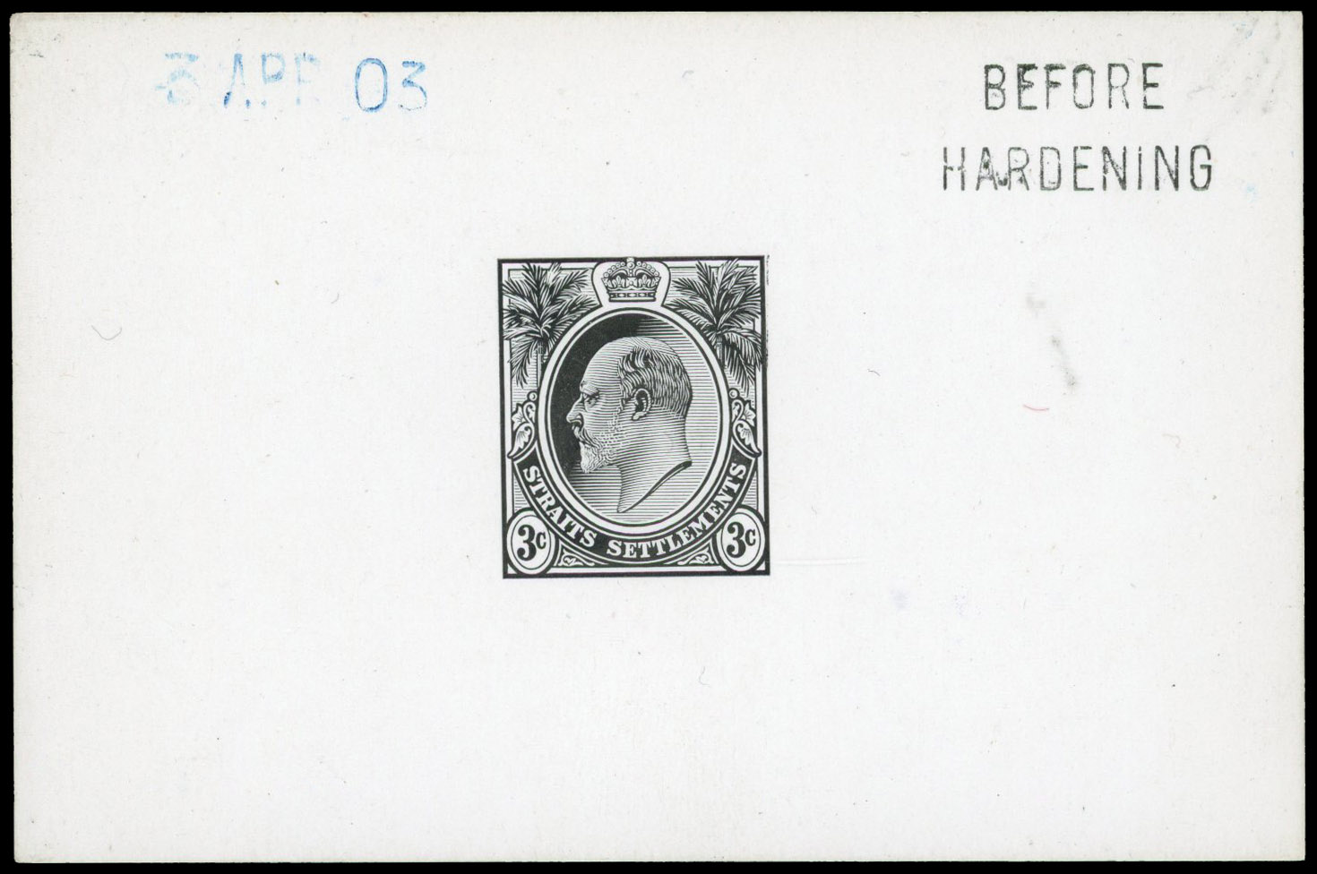 Straits Settlements 1903 3c die proof in black BEFORE HARDENING
