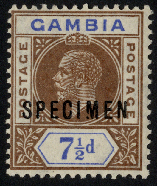 1921 Script watermark 7½d u/m overprinted SPECIMEN Type D12, with #41 variety broken 'M'.  SG...