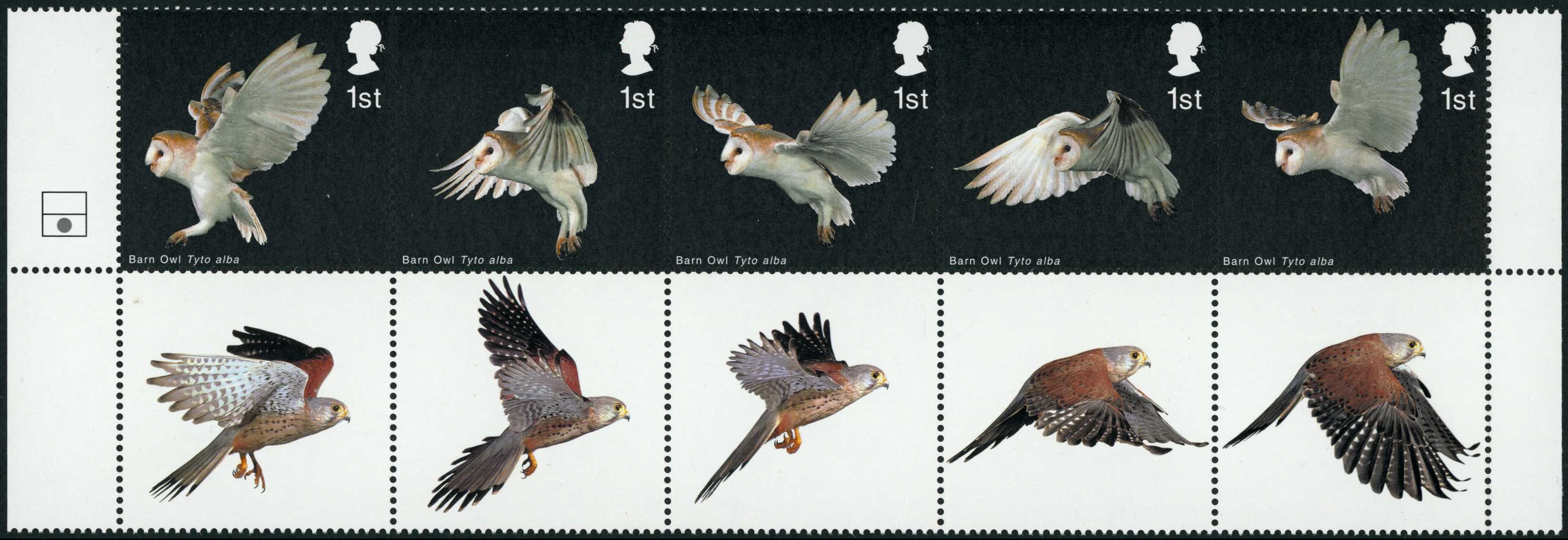 2003 Birds of Prey 1st class marginal block of ten showing error with brownish grey and phosphor omitted, affecting the...