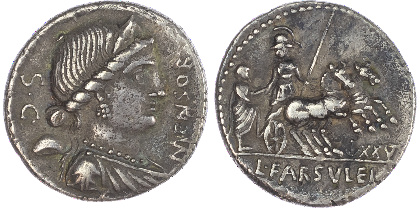 L. Farsuleius Mensor (76 BC) AR Denarius, Rome, 3.72g. MENSOR, diademed and draped bust of Libertas facing right, SC behind.