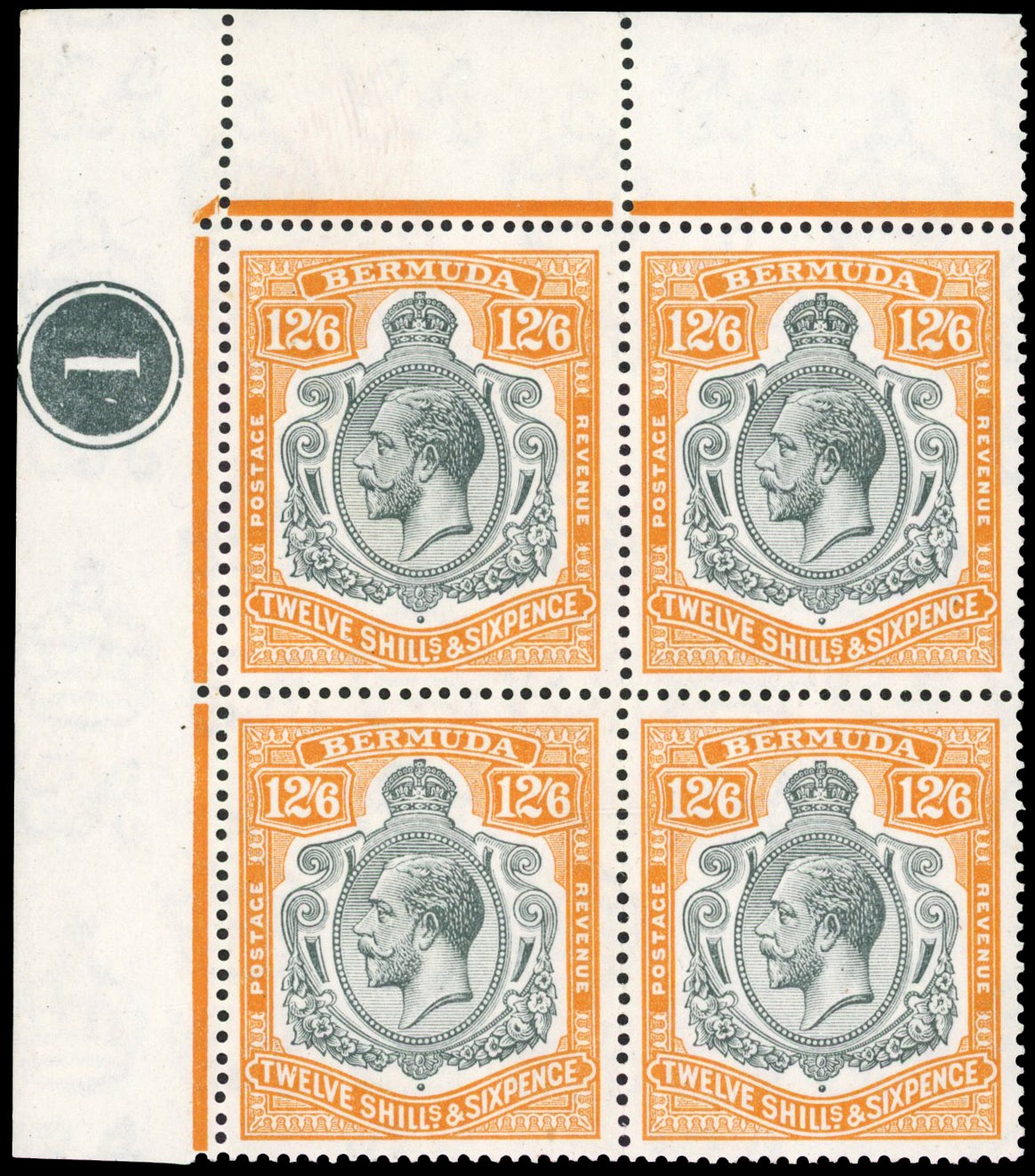Bermuda 1924-32 12s6d grey and orange, plate block of 4 mint S.G. 93, cat £1,000