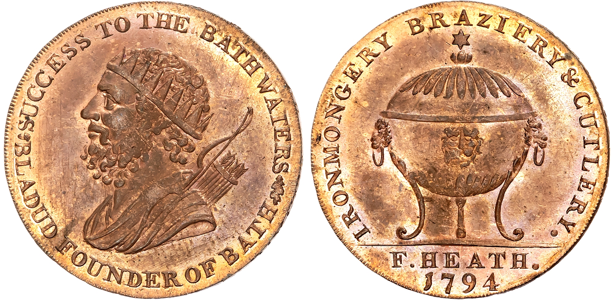 Som. Bath , Francis Heath (ironmonger, brazier and cutler) Halfpenny 1794, Bust left of Bladud, rev. tea-urn, edge PAYAB …