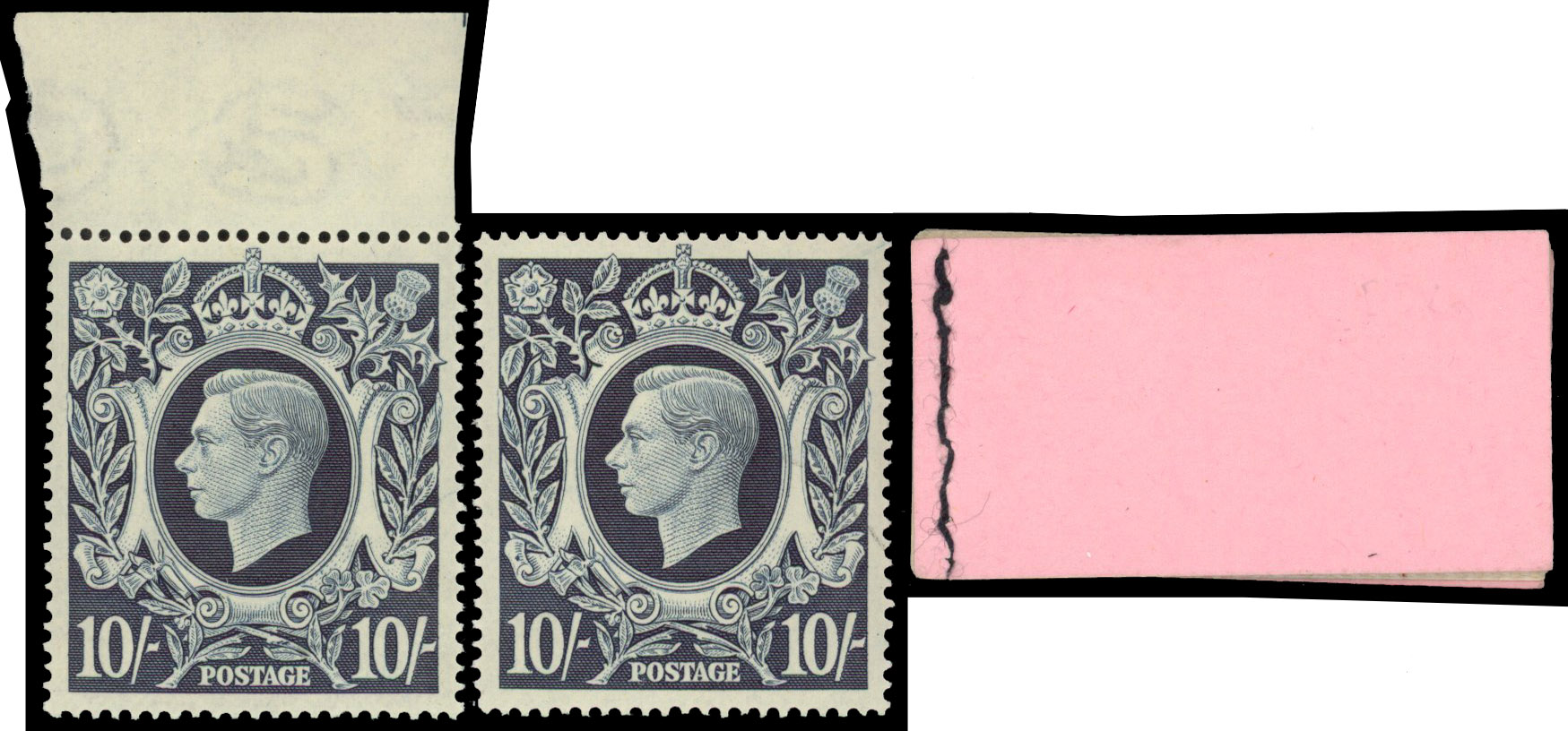 GB 1939-48 10s dark blue mint, two, broken stem and blot on scroll SG 478aa,ab