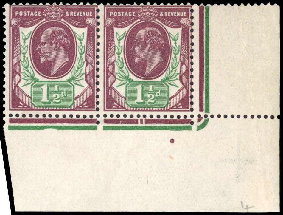 1911 1½d Deep plum and deep green. unmounted pair