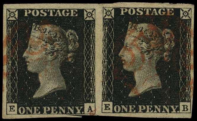 1840 1d black horizontal pair, Plate 6,...