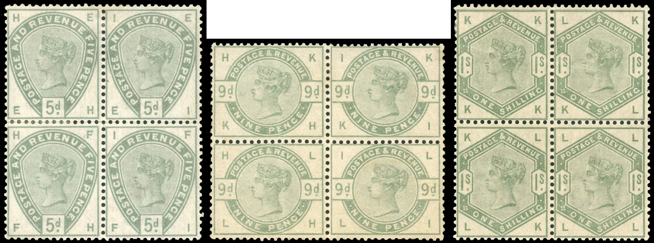 Great Britain 1883-84 Lilac and Green  set in blocks four mint
