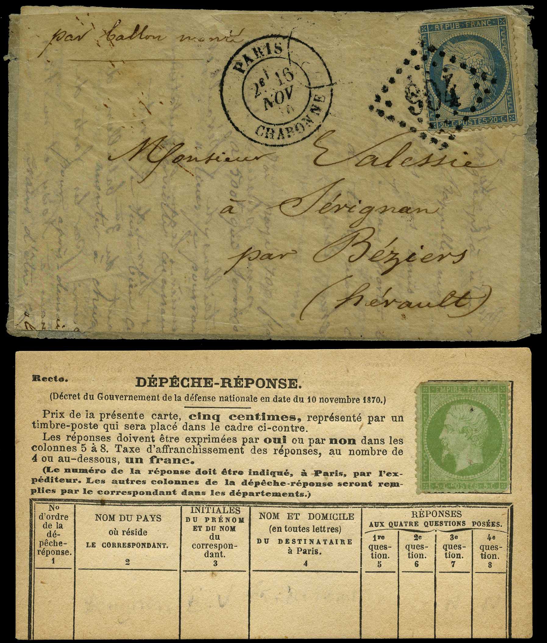 Thirtieth Balloon of the Siege: 1870 envelope...