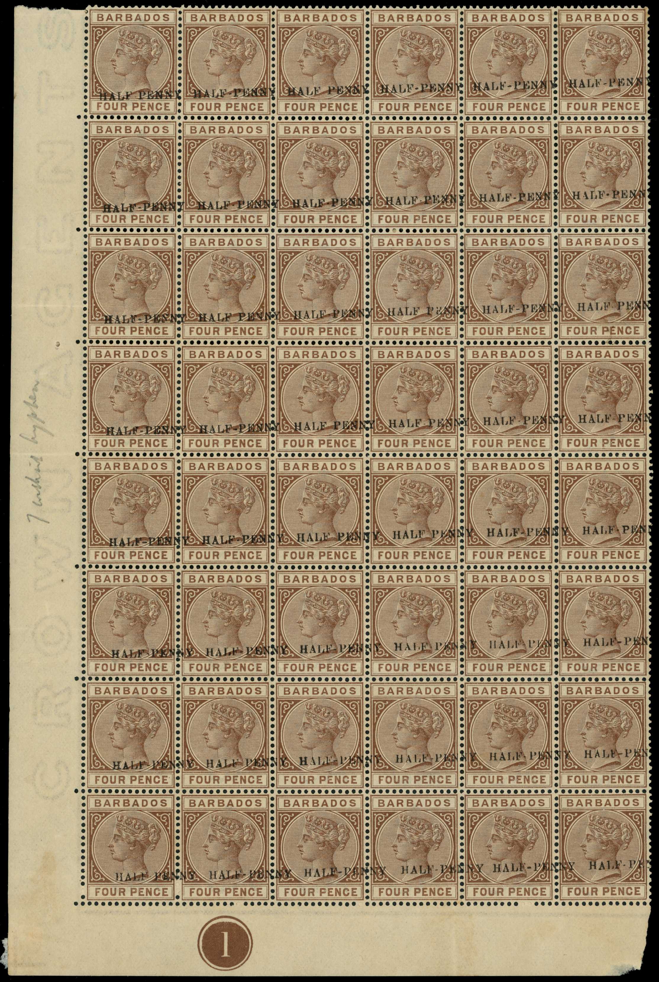 1892 Lower left marginal plate block...