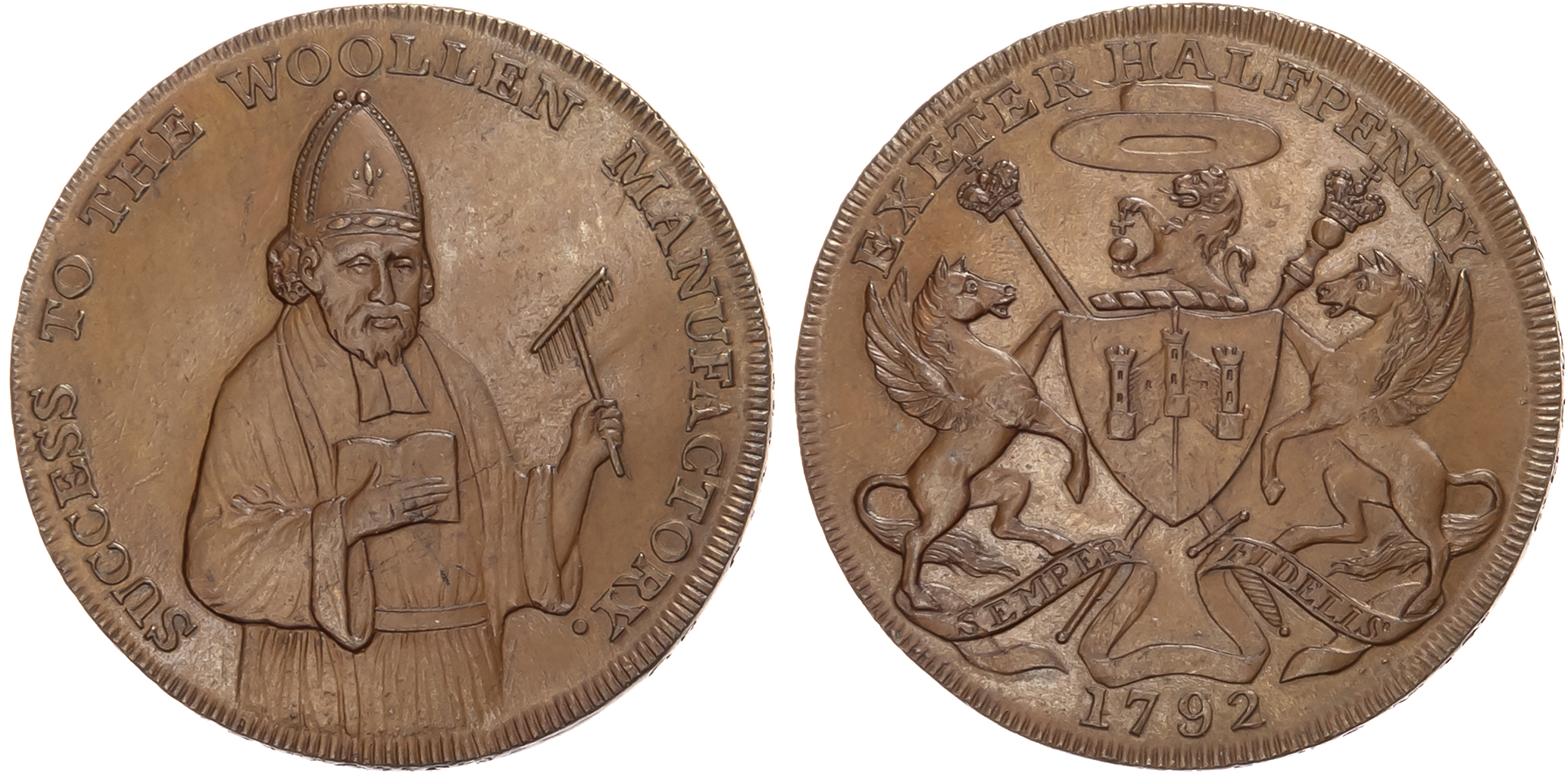 Dev, E xeter , Samuel Kingdon (wool merchant), Halfpenny 1792. Bust of Bishop Blaize three-quarters right holding wool-c …