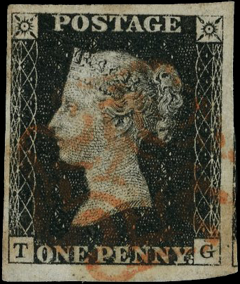 1840 1d black Plate 9 (TG) with 4 good to very large margins, red MC, a striking example. 