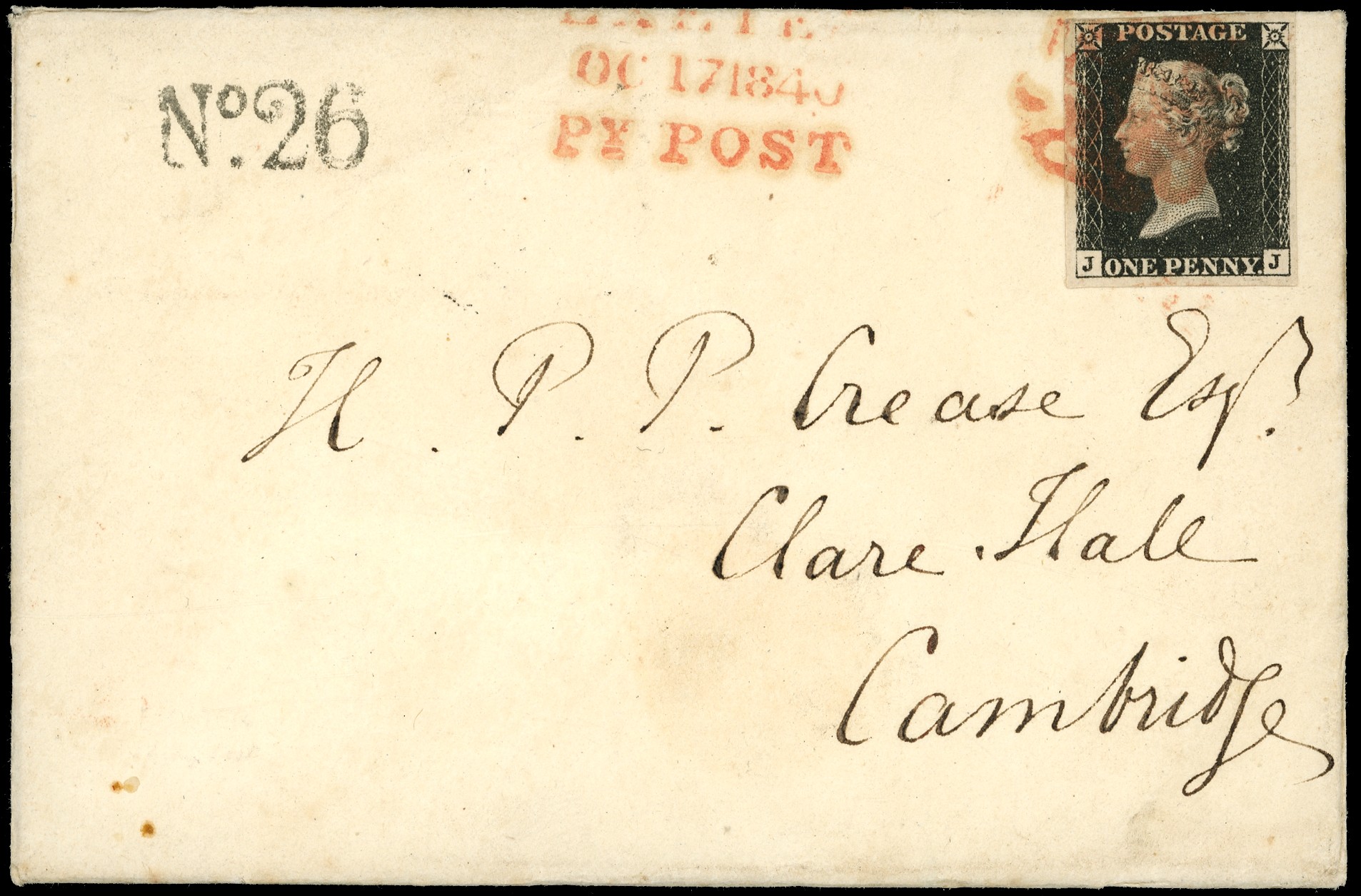 1840 1d Black Pl.4. JJ red MC on envelope