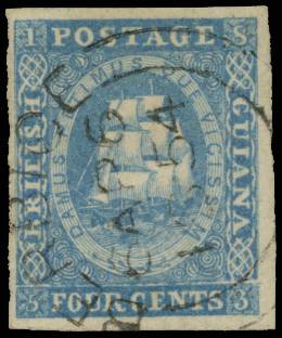 BR GUIANA SG 19 1853-55 4c blue used BERBICE 1854 cds