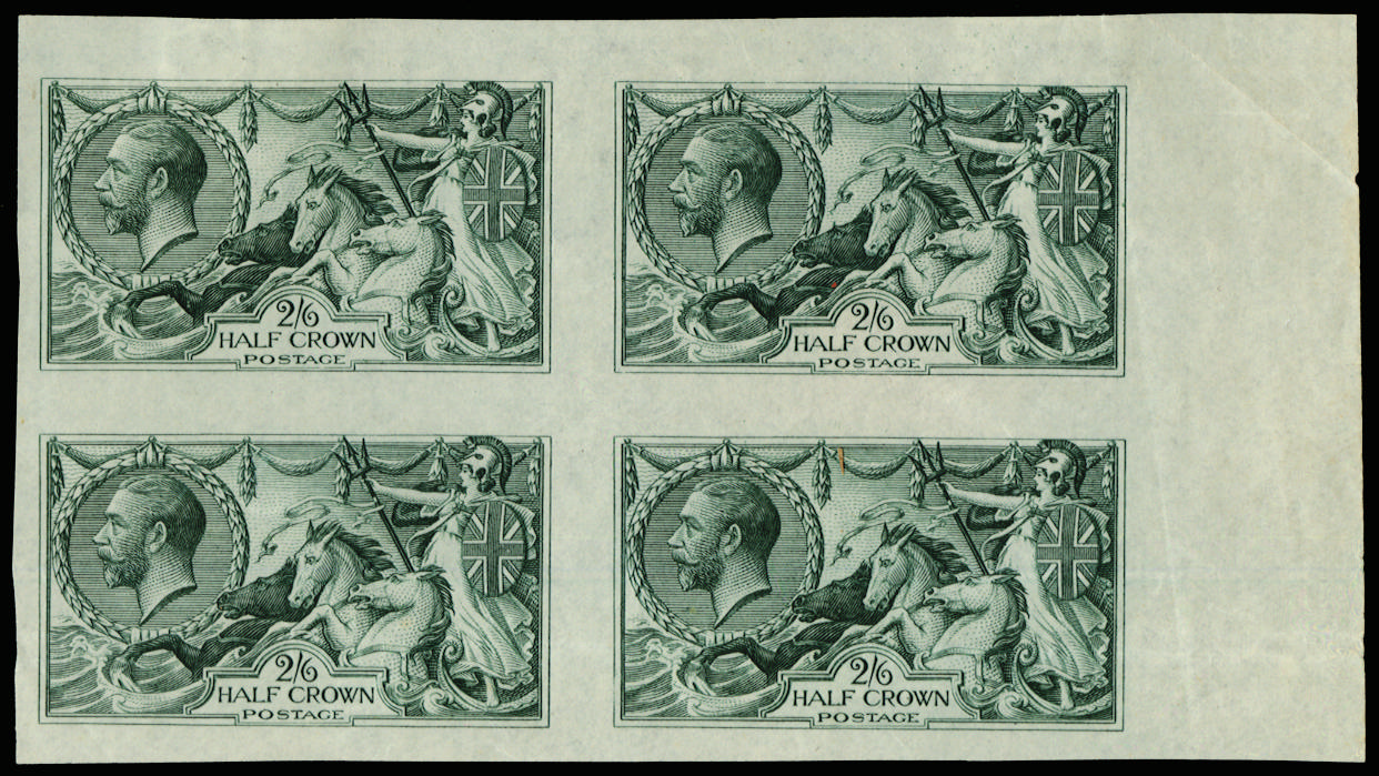 GB SG 399 2s6d Seahorse colour trial block in blue-green