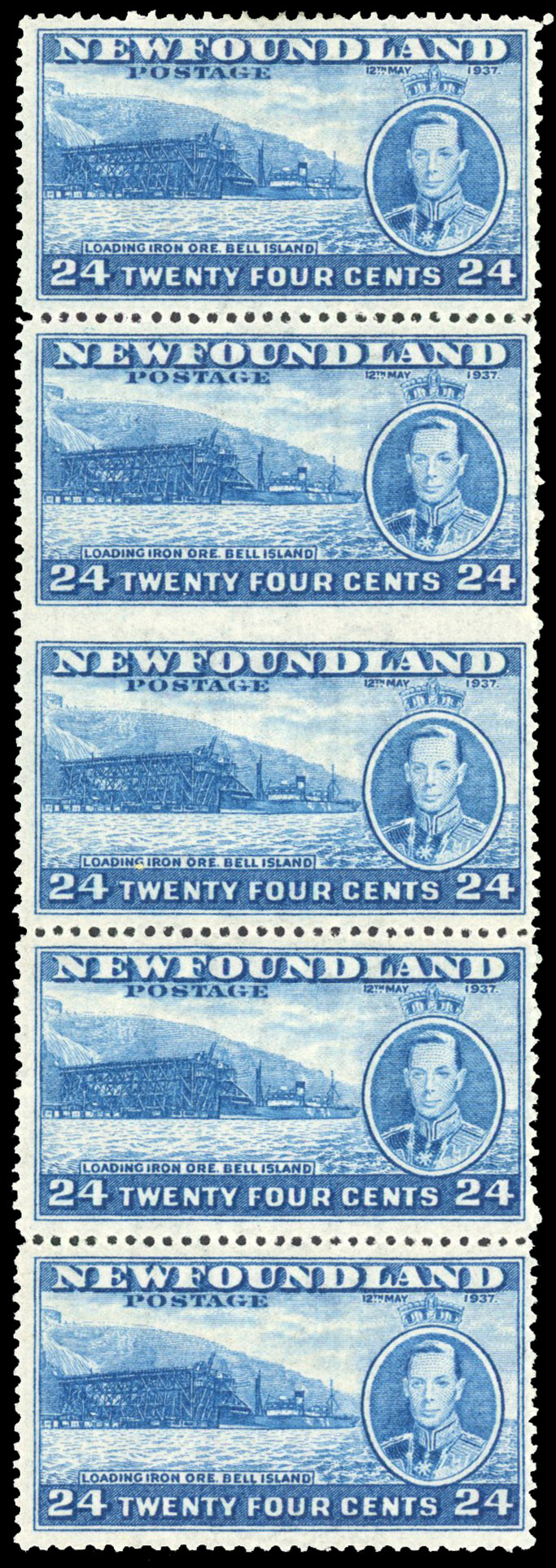 Newfoundland 1937 Coronation 24c imperf between strip