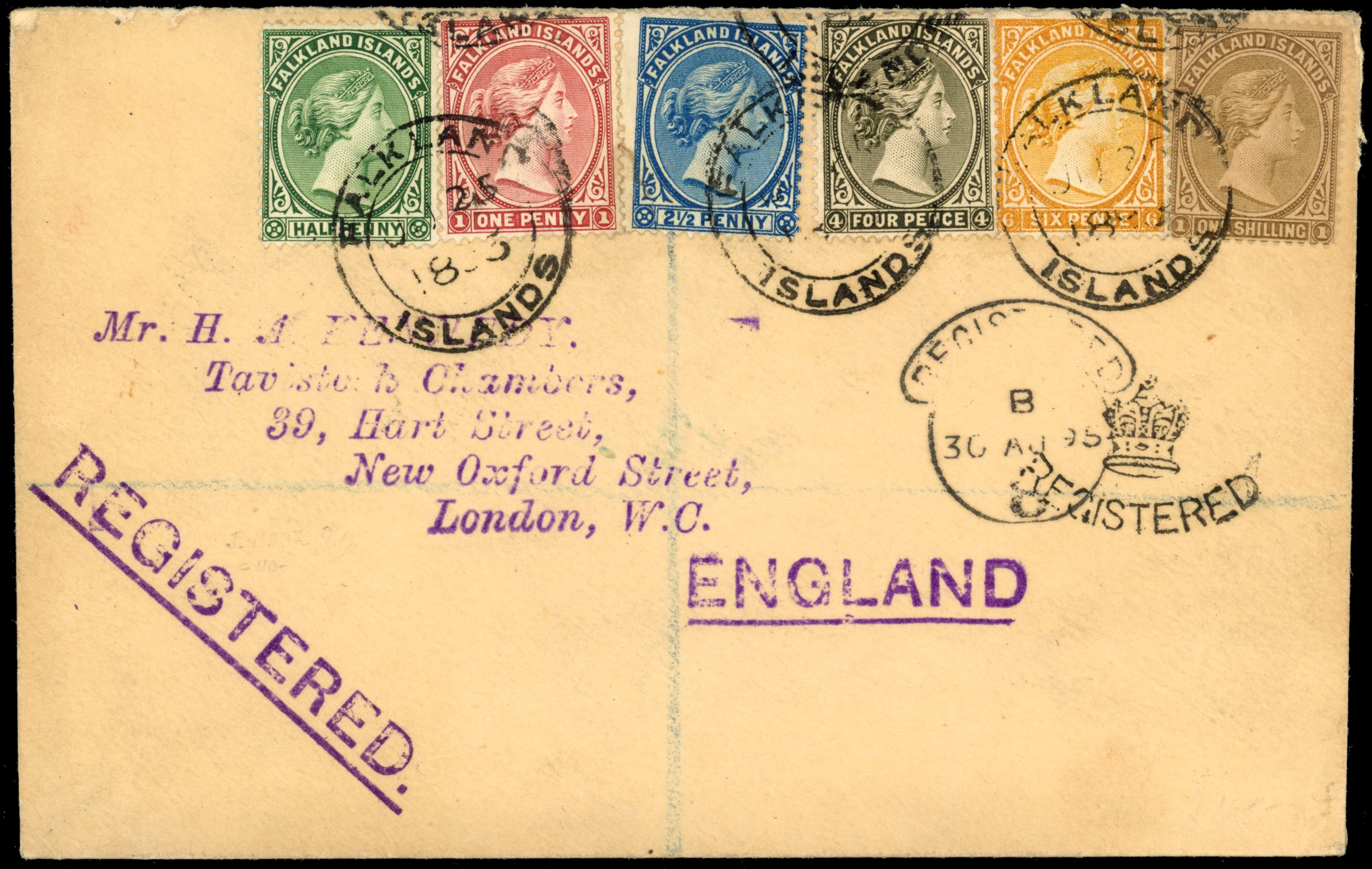Falkland Islands 1895 registered cover to London SG 4 16/33x