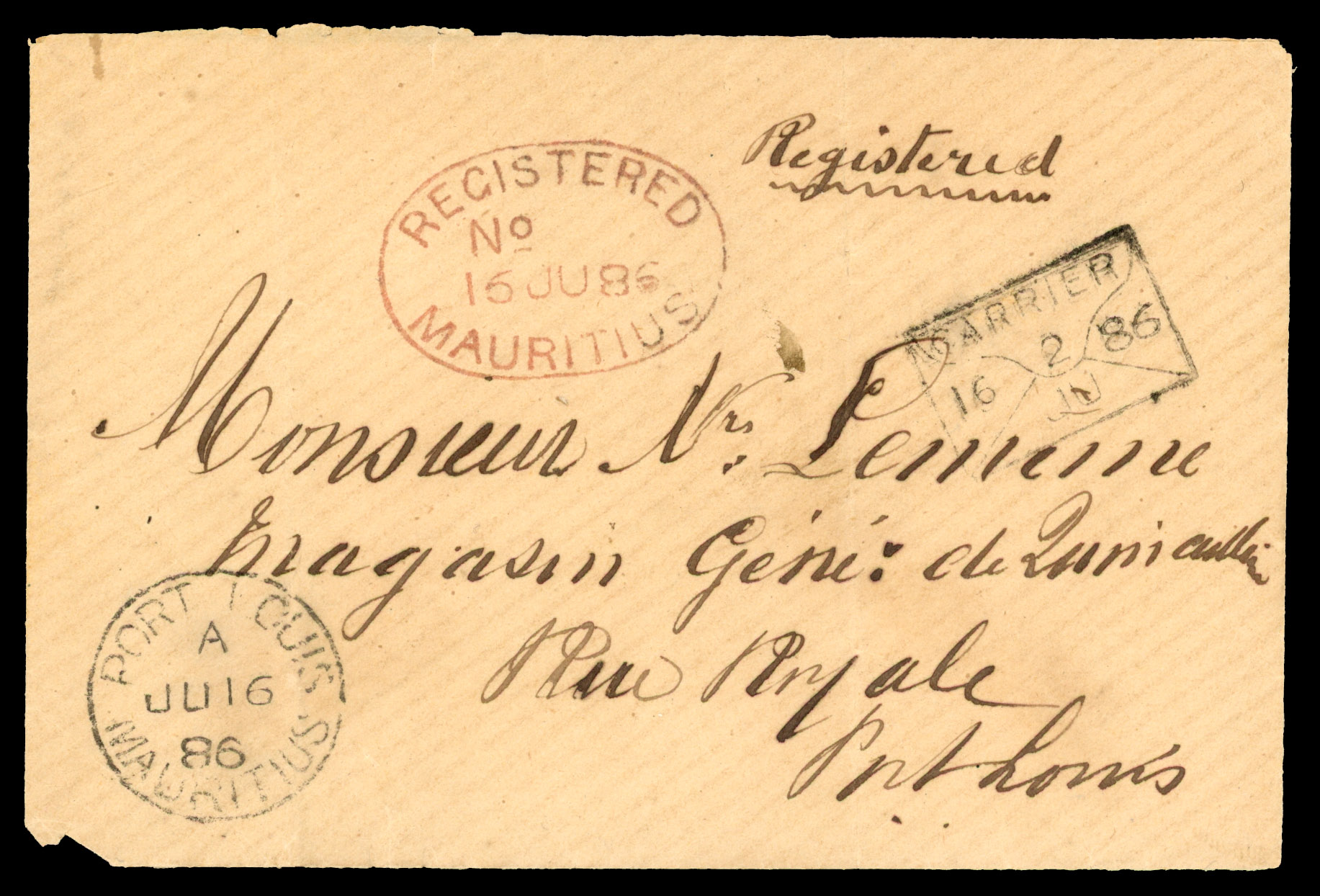 MAURITIUS: 1861 registered local cover to Port Louis franked on reverse 4c and 8c tied by light numeral “12”iere Seche,