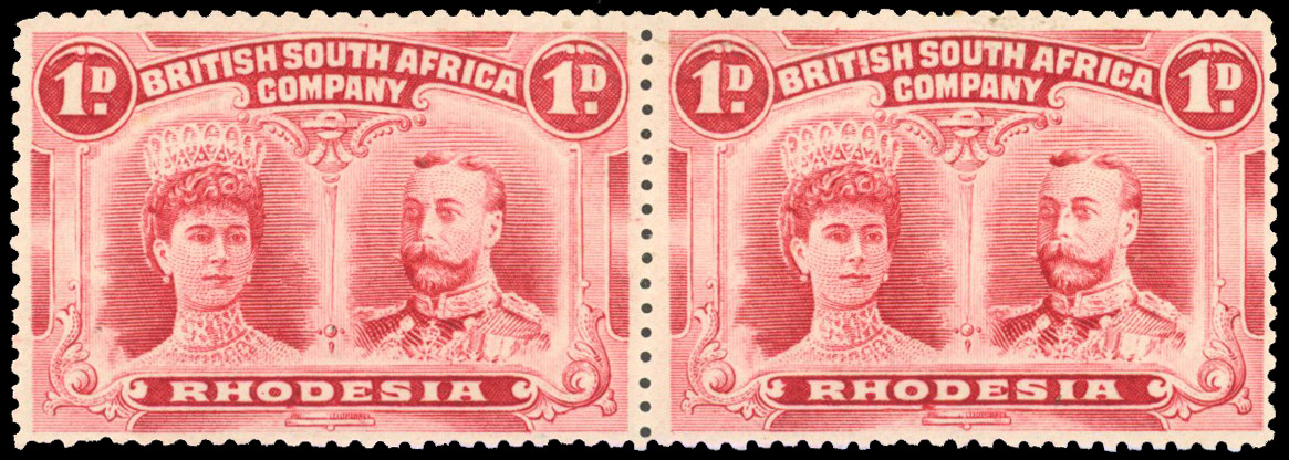 Rhodesia 1910-13 1d carmine perf 14 pair with OD flaw