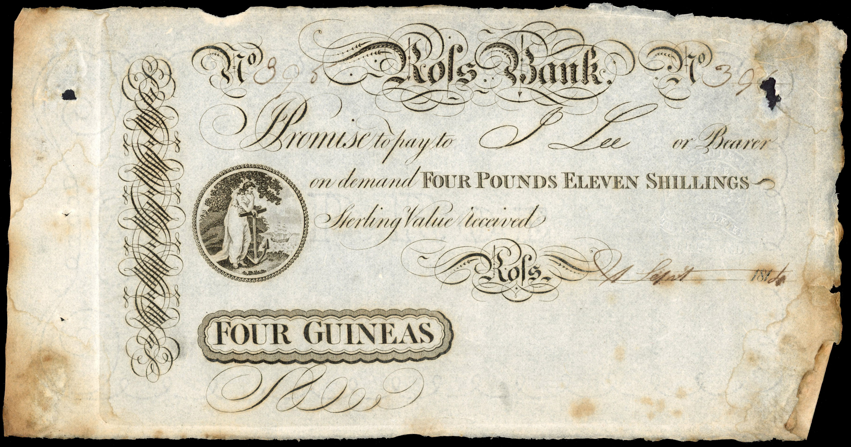 ROSS ON WYE, Ross Bank, Unknown Partners, unissued 4 Guineas, 1 September 1814., serial number 395, unsigned, …