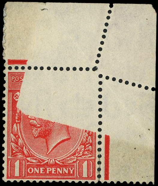 GB: 1924 1d scarlet, u/r corner marginal example with pre-printing fold,