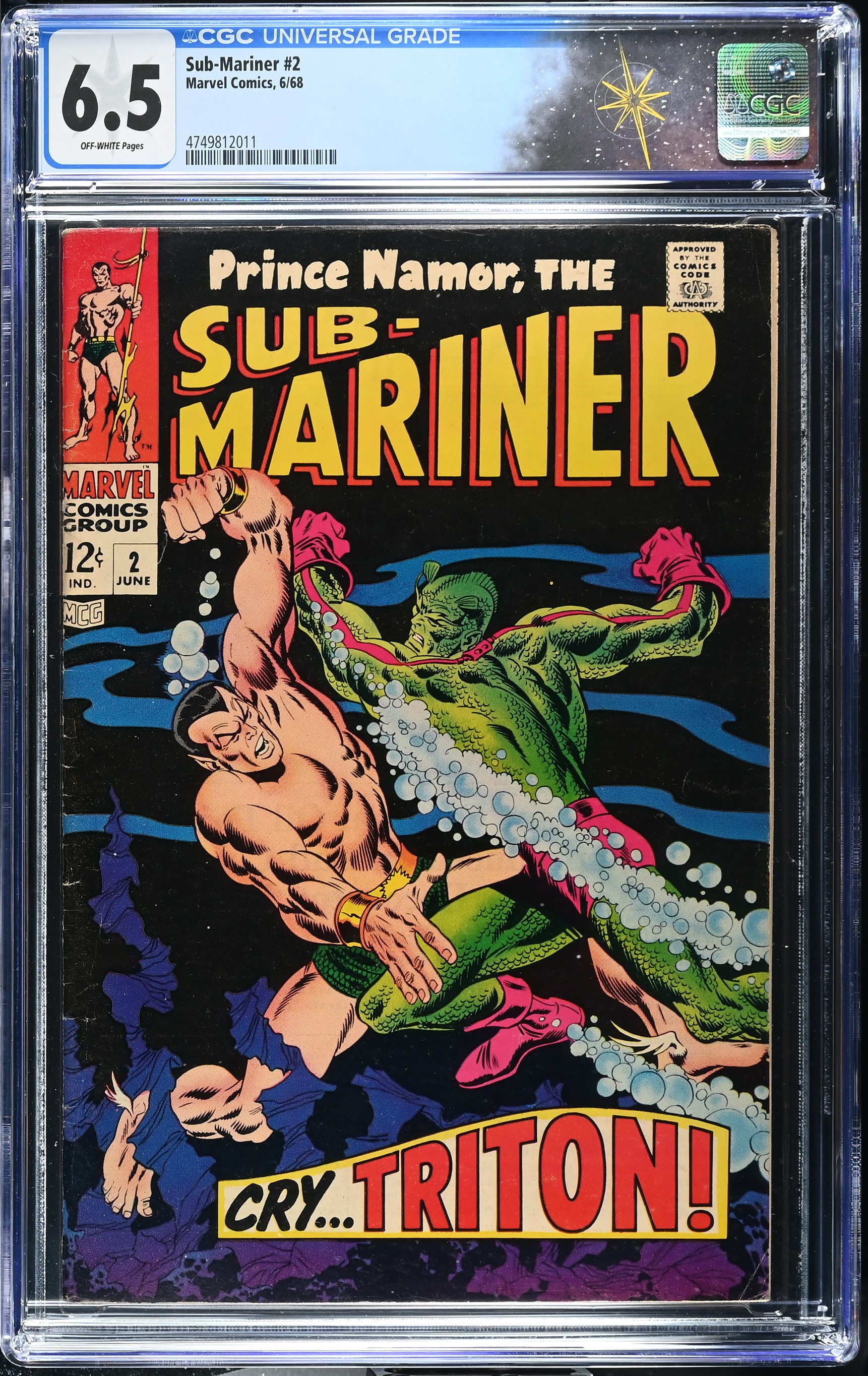Sub-Mariner #2 CGC 6.5 Triton vs. Sub-Mariner (Marvel Comics, 1968) Off-White Pages