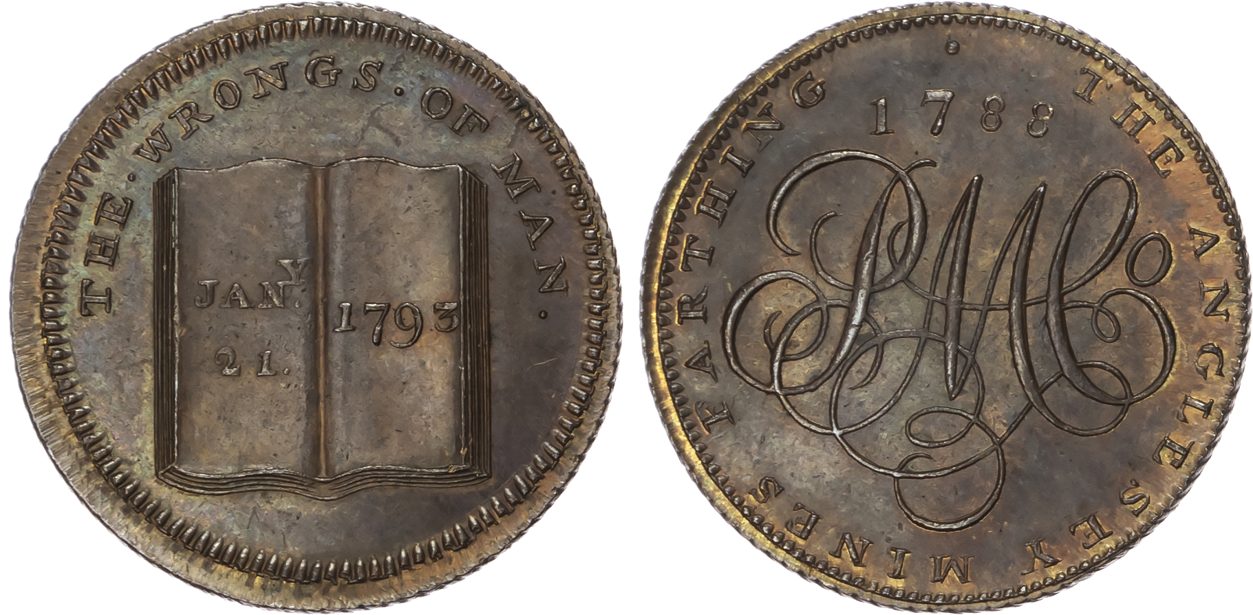 Amlwch , Parys Mines Co. P Skidmore’s mule Farthing 1788, open book ‘The Wrongs of man 1791’ rev. PMCo cypher,…