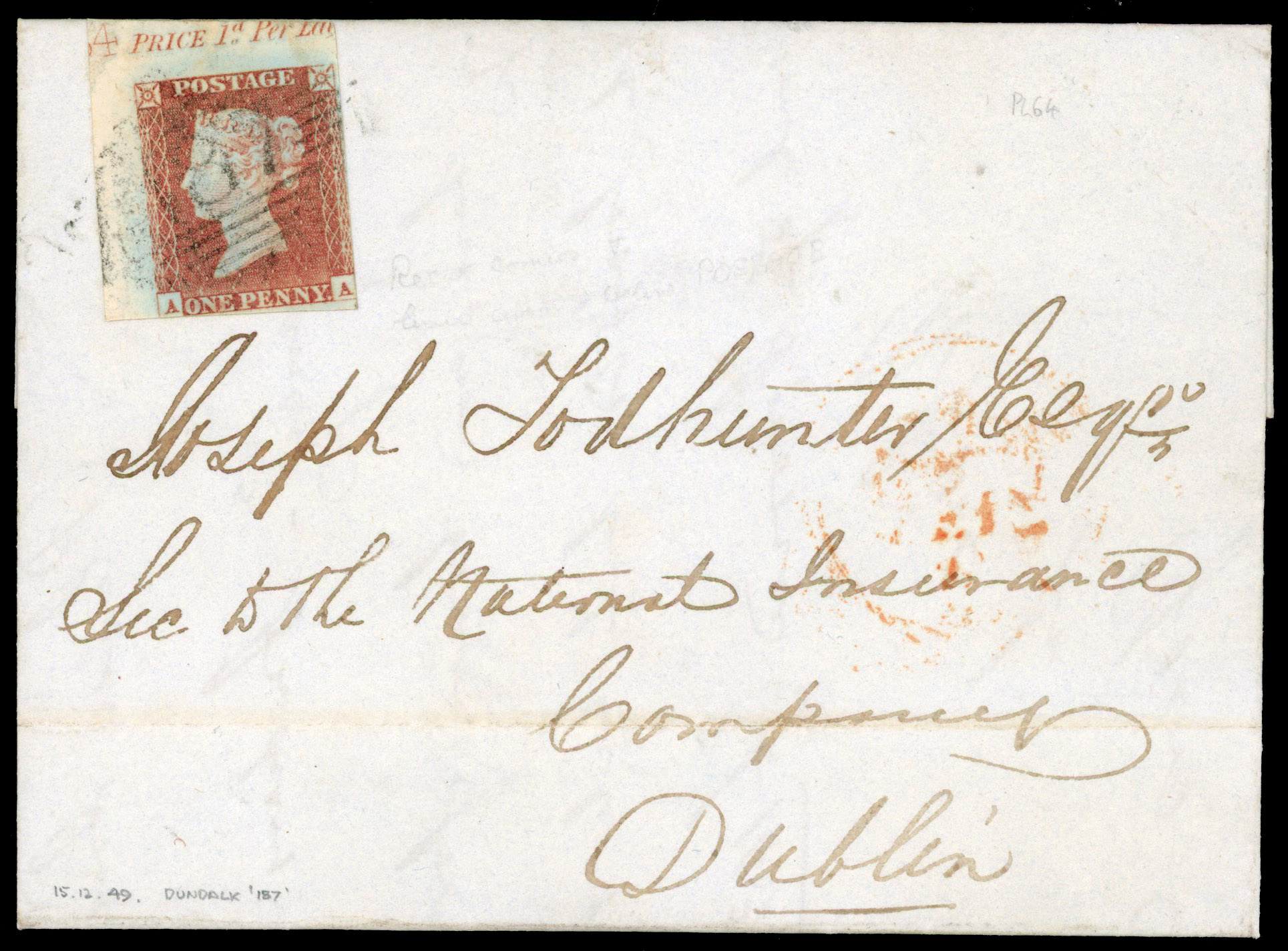 1841 1d Red-brown Pl.64. plate number corner example on cover