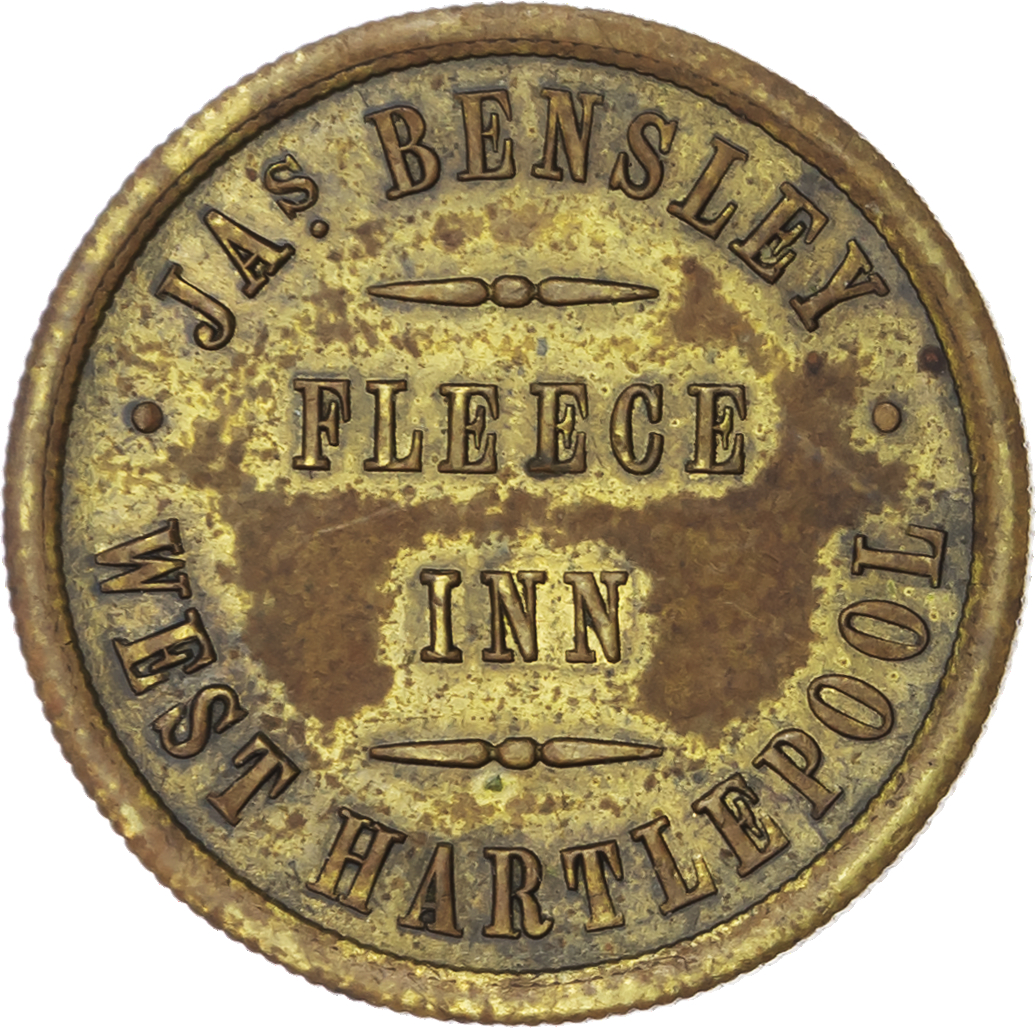 Lot of 2 coins - Dur. West Hartlepool, Fleece Inn 1½d. 25mm. Jas. Bensley, (Dipple). gVF; Thornley, Spearsman’s Arms 3d....