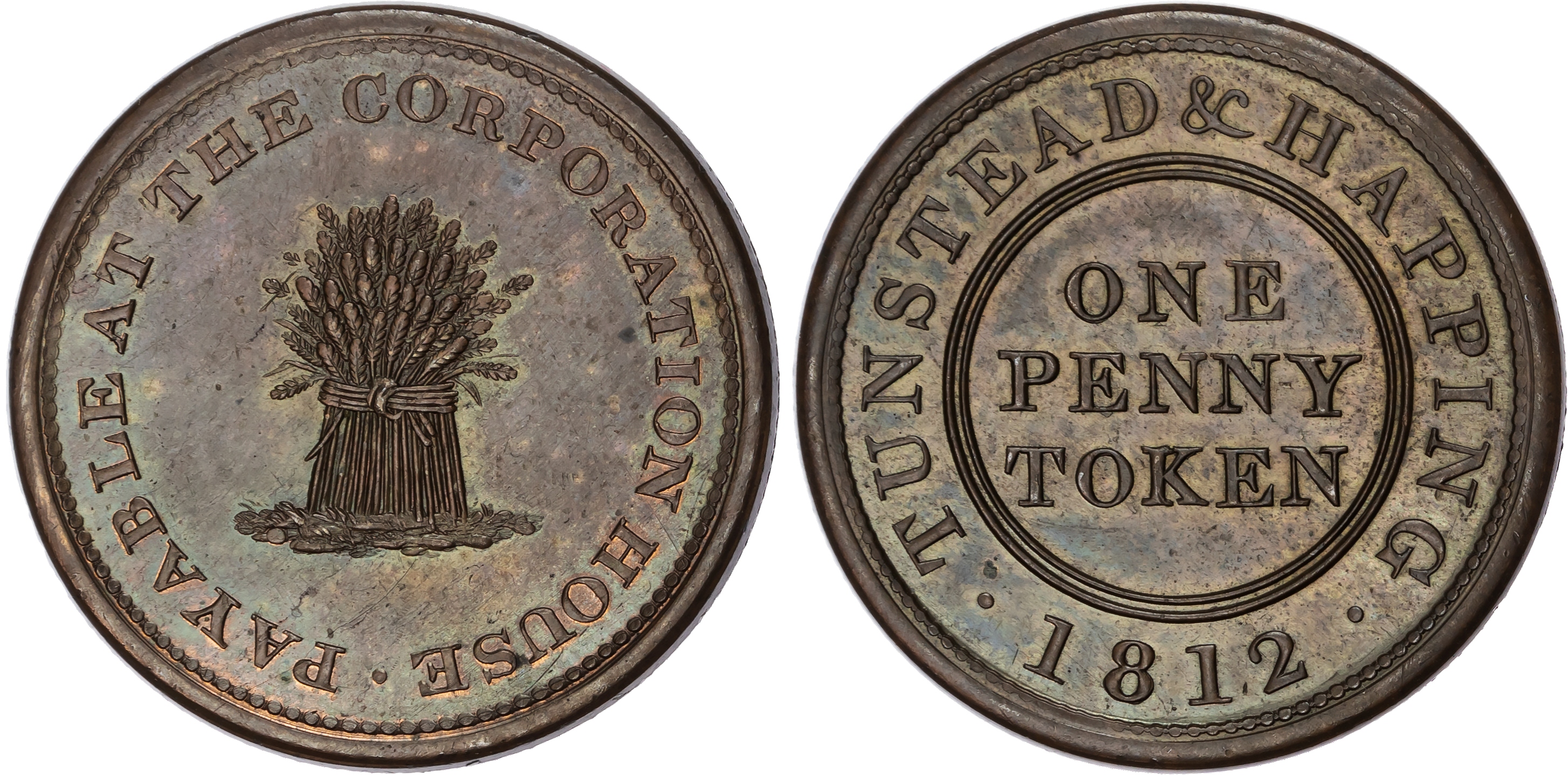 TUNSTEAD & HAPPING , Norf. Corporation (workhouse) Penny 1812, Façade of workhouse, rev . denom. and date edge…