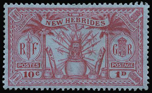 NEW HEBRIDES SG 44 1925 1d COLOUR TRIAL IN RED/BLUE