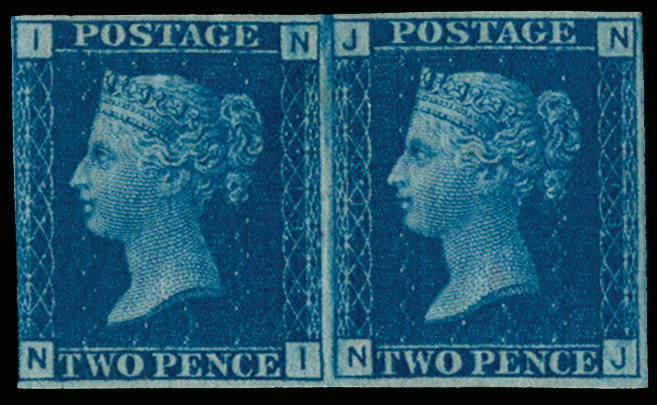 1869 2d Blue Pl.13. (Dr. Perkins blued paper) imperf pair (NI-NJ) SG46var
