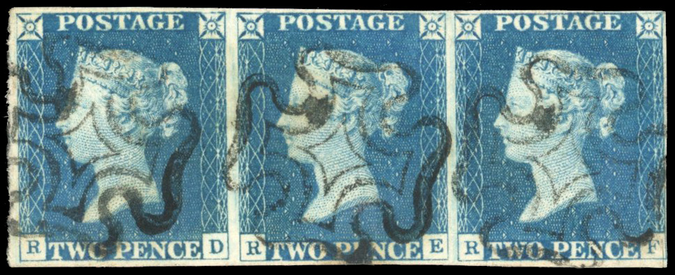 GB SG 5 1840 2d Plate 1 used strip of three 