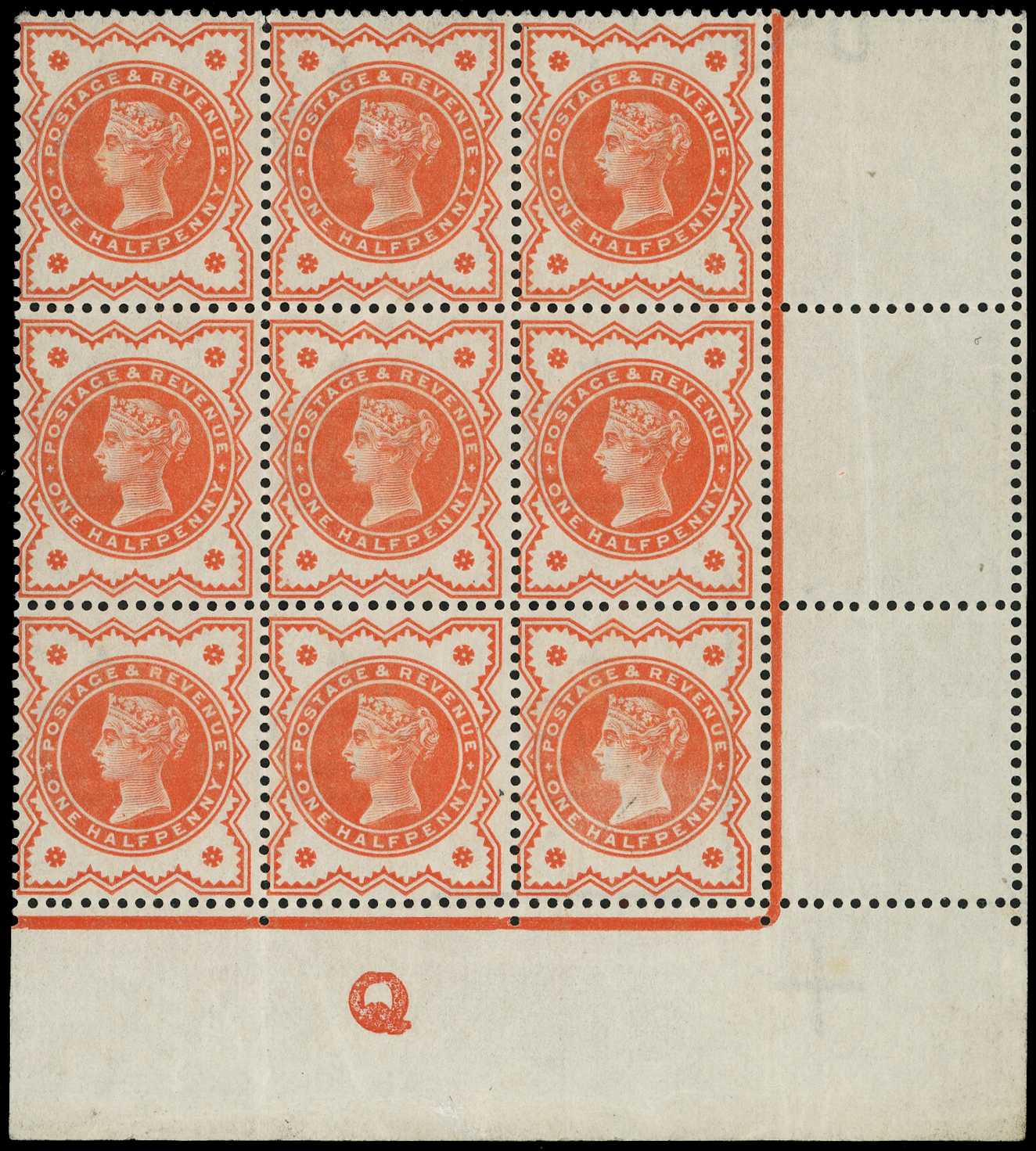 1887 ½d vermilion Control Q block of nine...