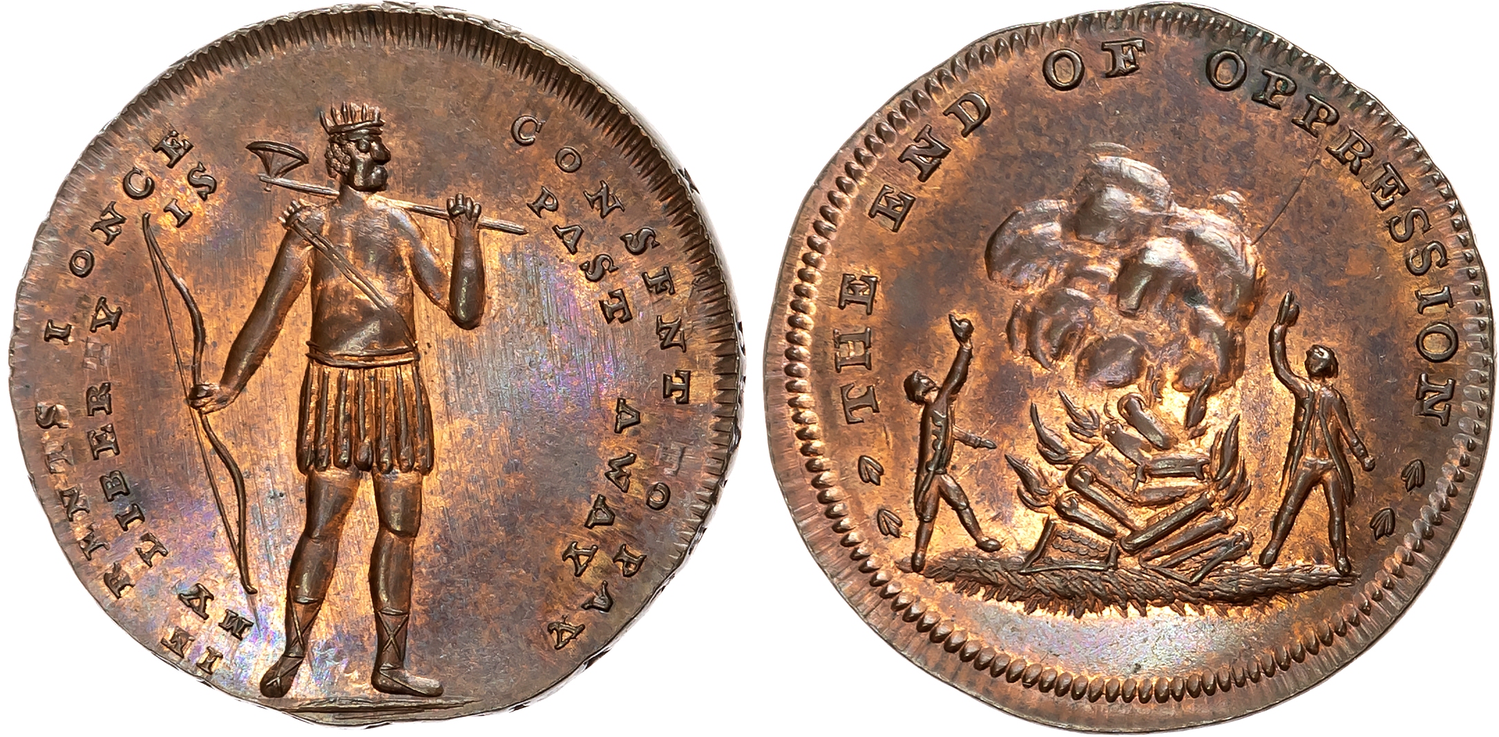 London, Holborn, Thomas Spence Halfpenny 1790, Two men standing and cheering a pile of land titles and deeds going up in …