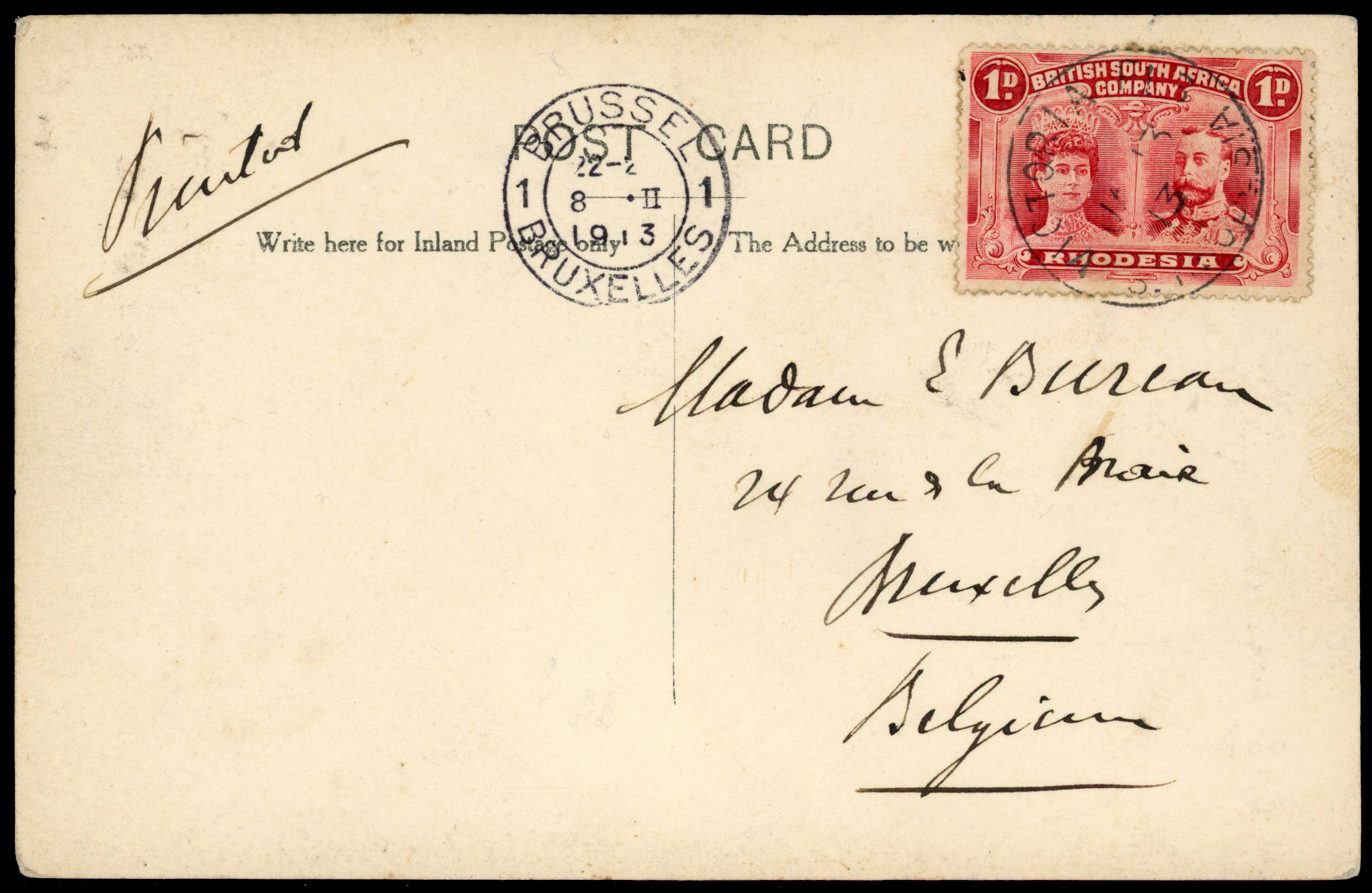 Rhodesia 1913 ppc from Victoria Falls to Belgium