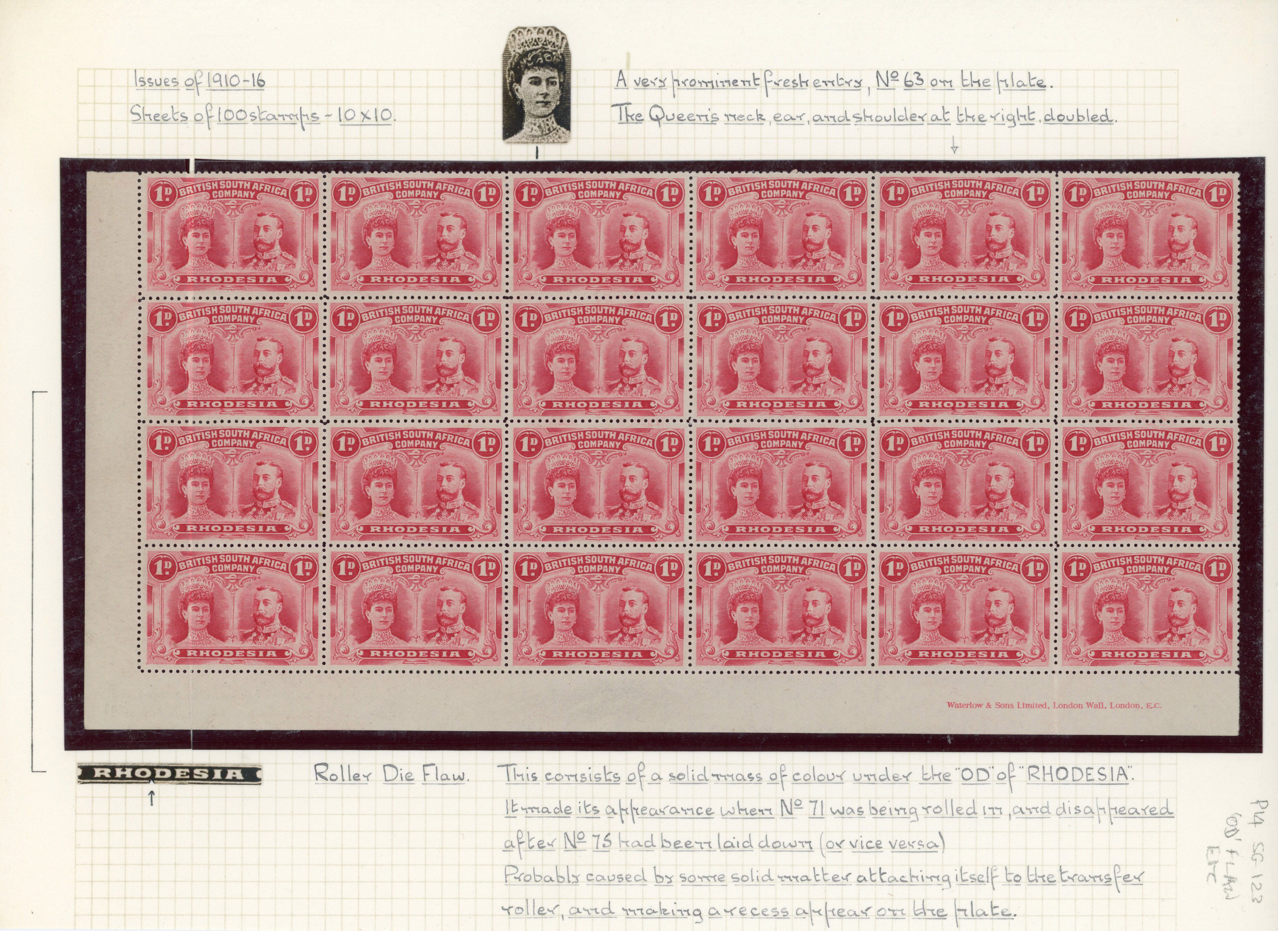 Rhodesia 1910-13 1d bright carmine perf 14 block of 24 with OD flaws