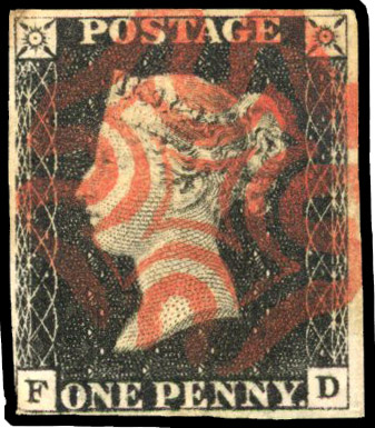 GB: 1840 1d black, Plate 4 (FD), four margins, close lower left, red MC SG 2
