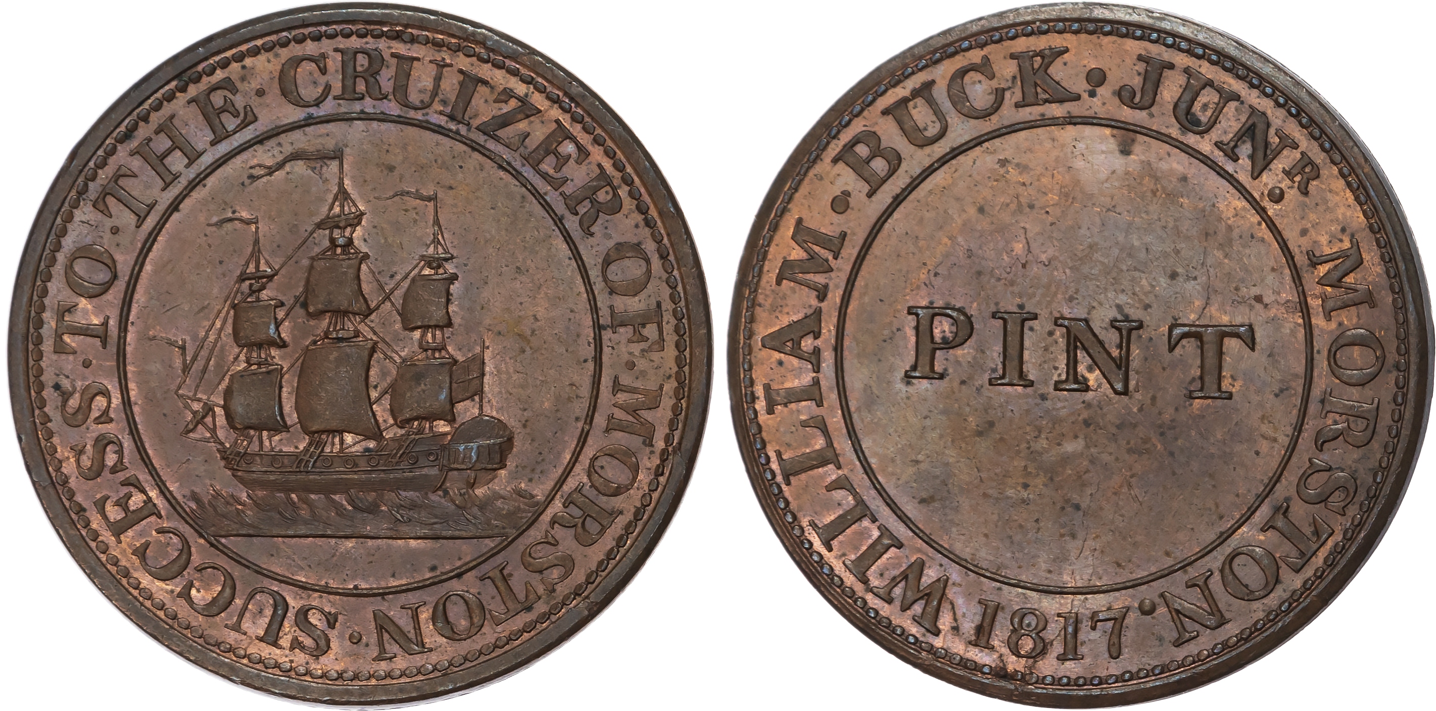 MORSTON, Norfk. William Buck (publican), Penny (Pint), 1817, rev. Sailing ship, SUCCESS TO THE CRUIZER OF MORS…
