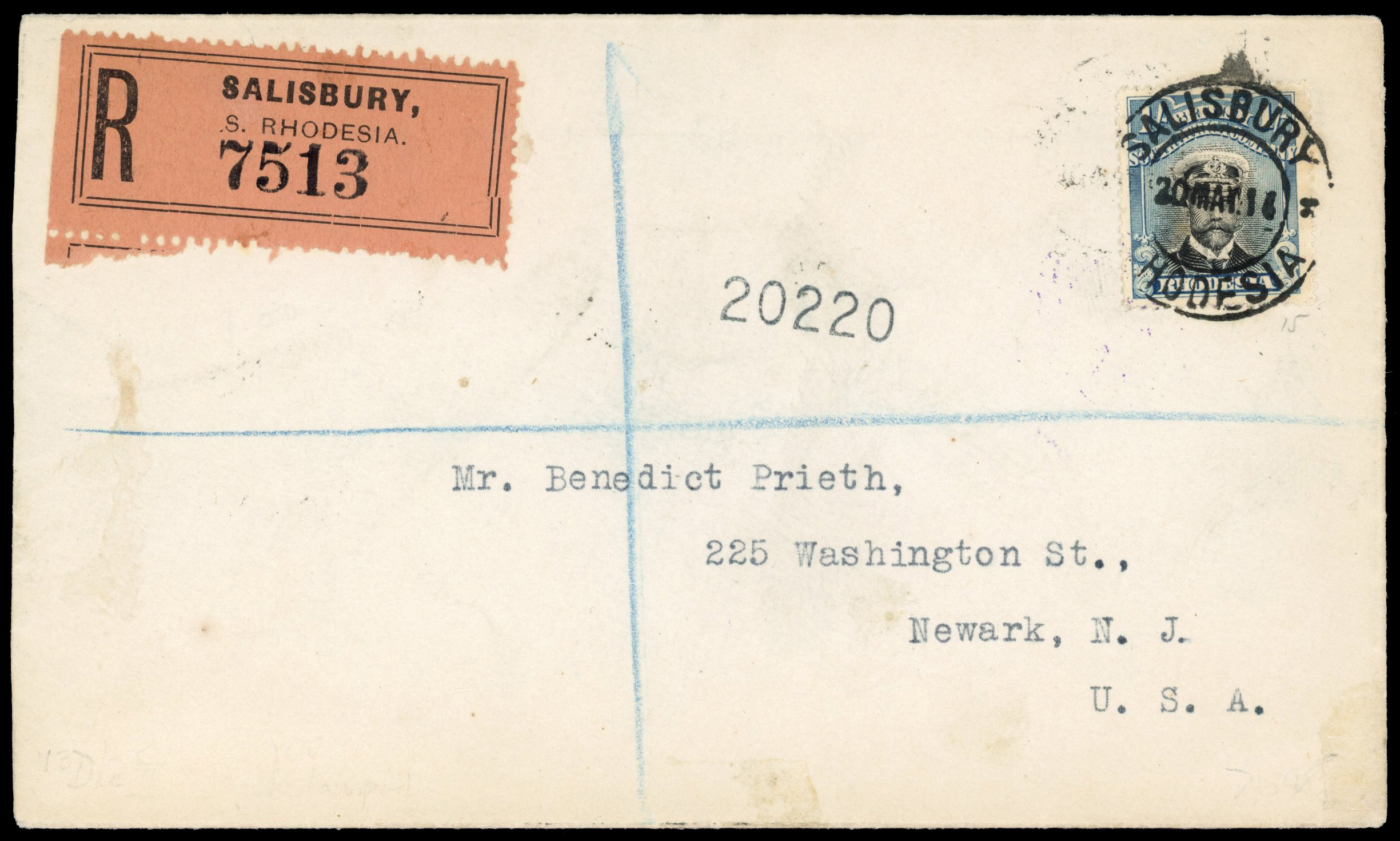 Rhodesia SG 248 1914 1s Die II perf 15 on cover