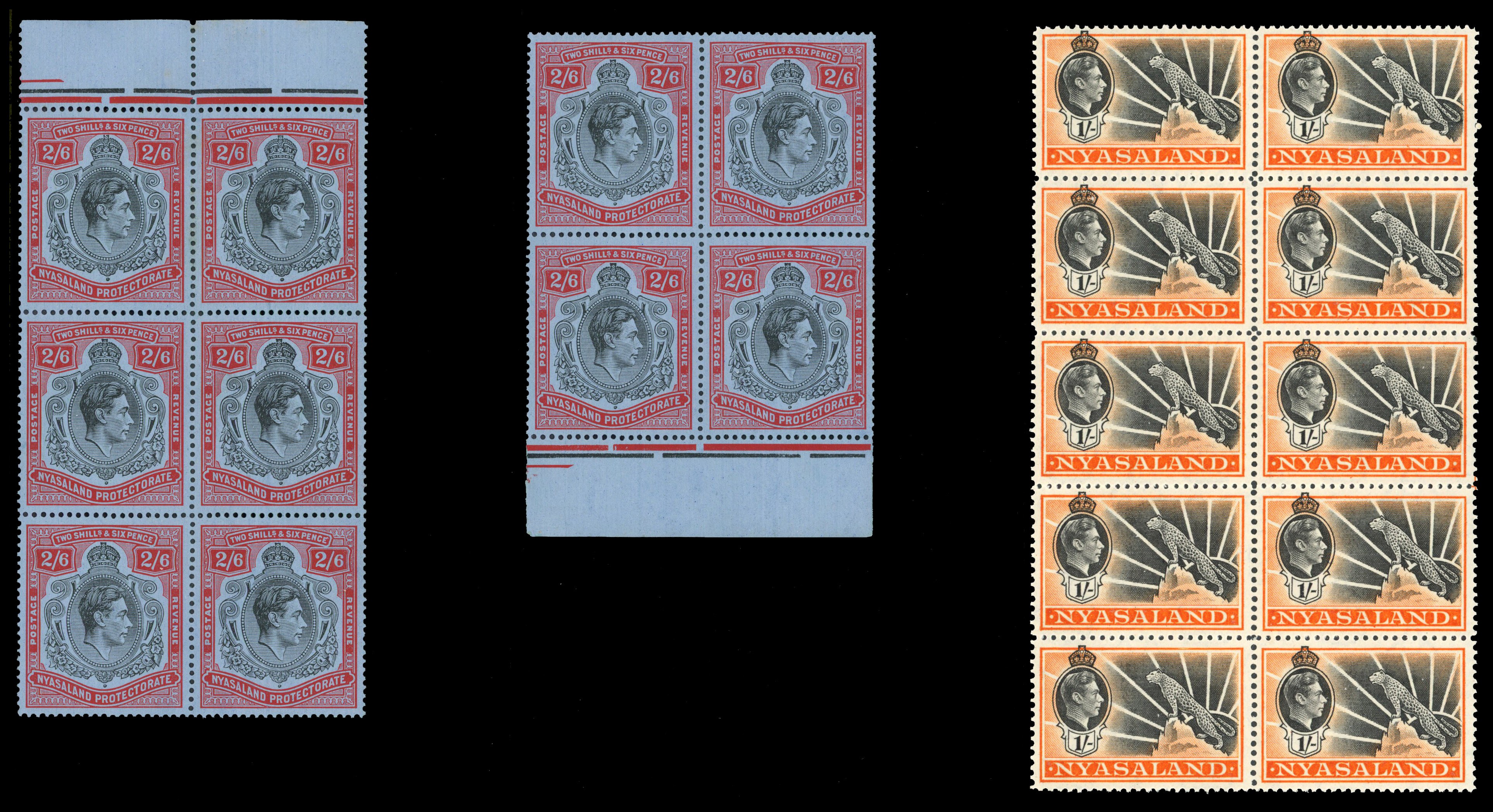 1938 lower odd values to 1s in irregular blocks of 10, 2s6d blocks of 10, 6 and 4, 5s block of 4 and 6, £1 block of 4,