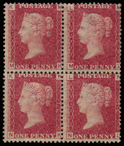 Great Britain 1864 1d Rose red Pl.76 (Wmk reversed). Very fine unused o.g. block of four lettered MK-NL, showing "…
