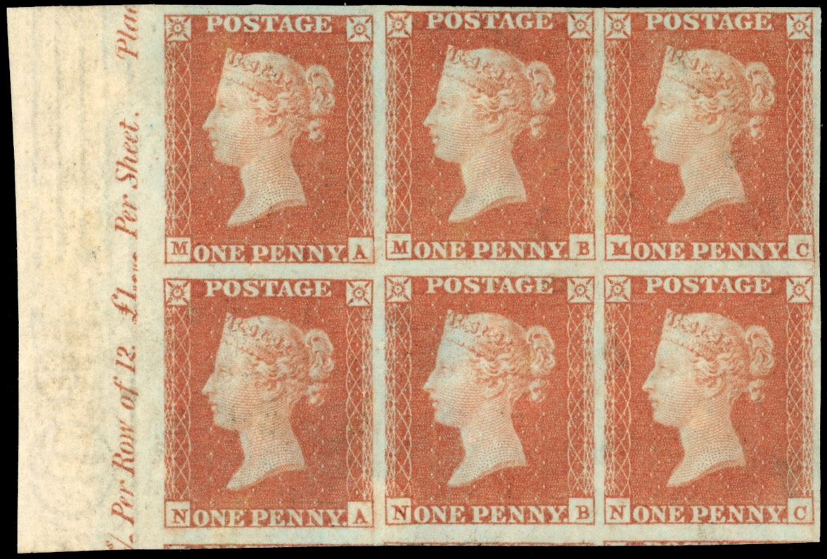 GB 1841 1d red-brown, Plate 92 mint block