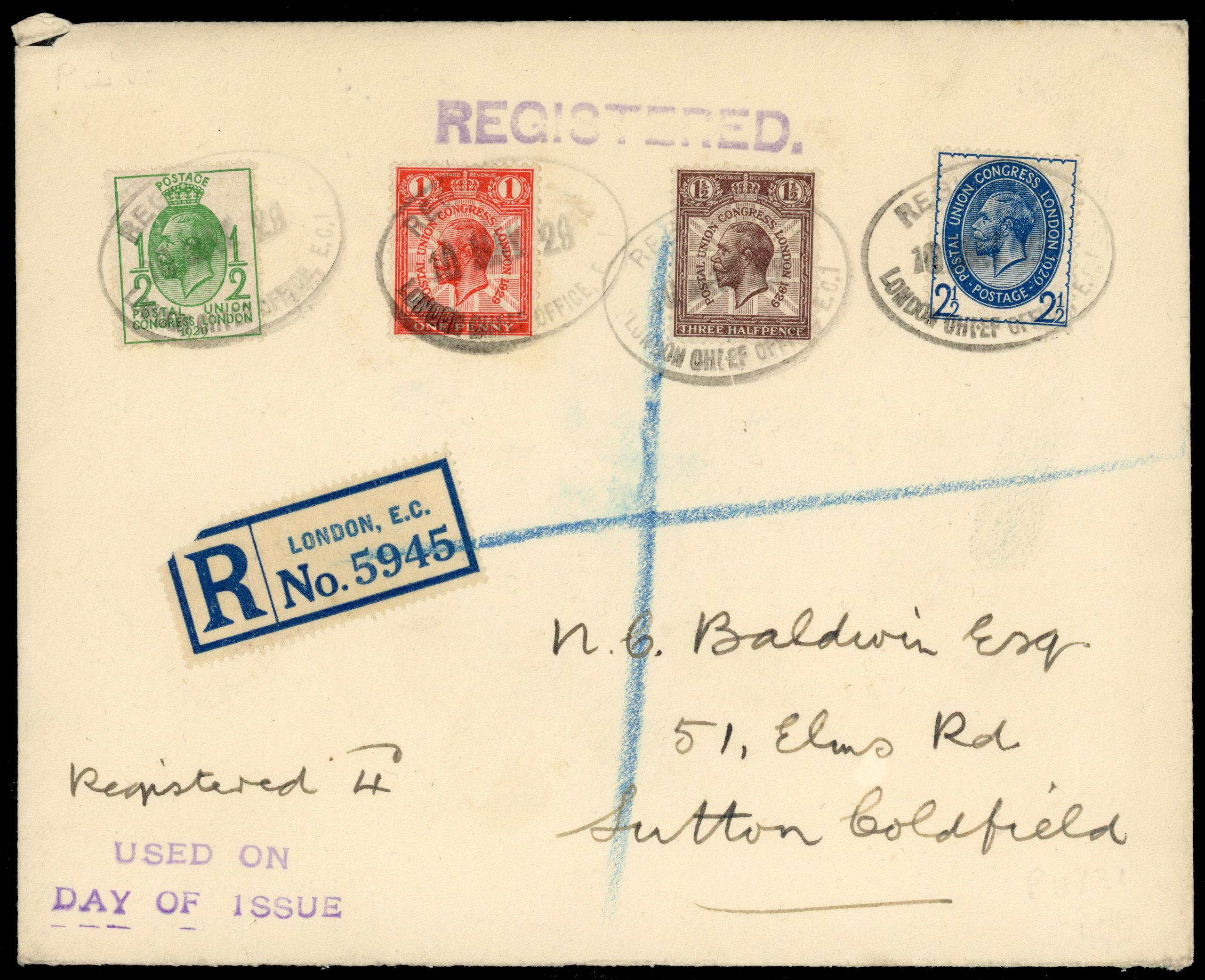 GB: 1929 PUC low values on registered FDC cancelled by oval London Chief Office 10 May 1929. Slight nick to cover at