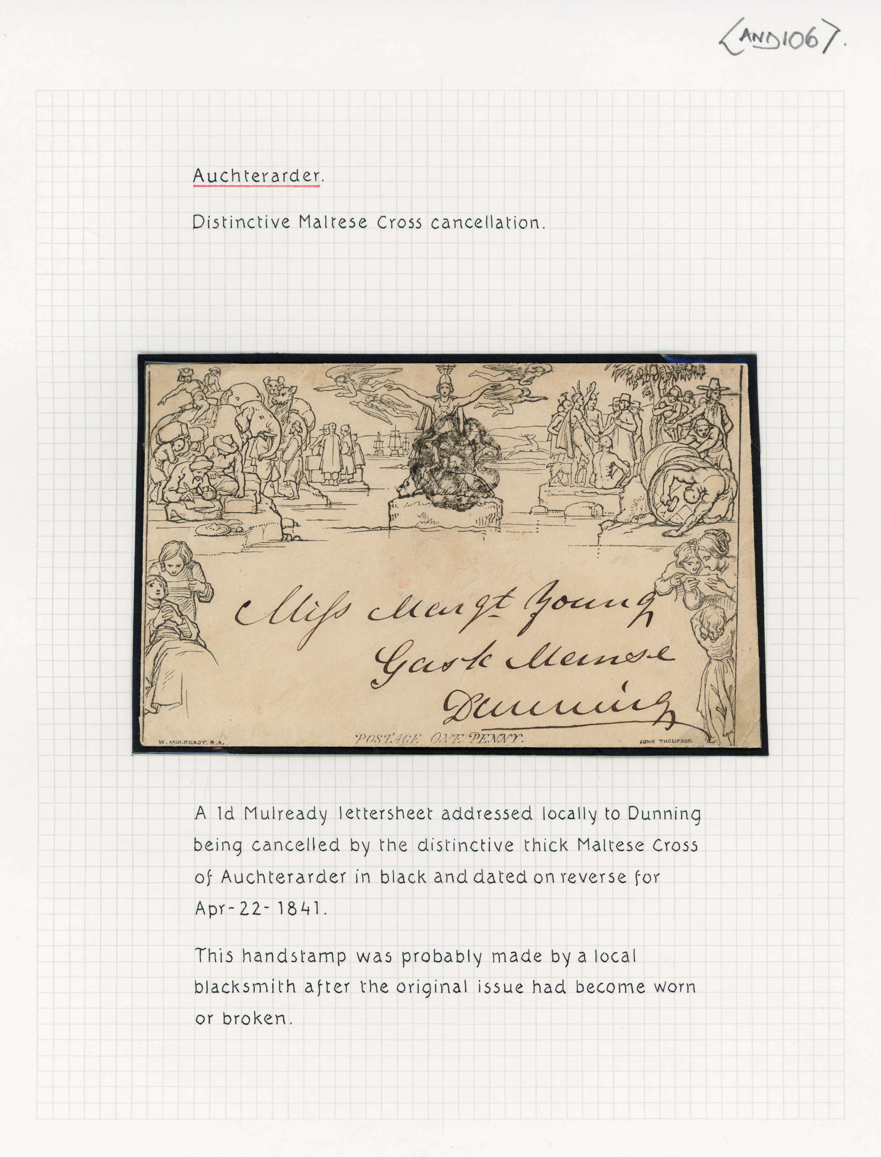 GB 1840 (AP 22) 1d Mulready wrapper Auchterarder Cross